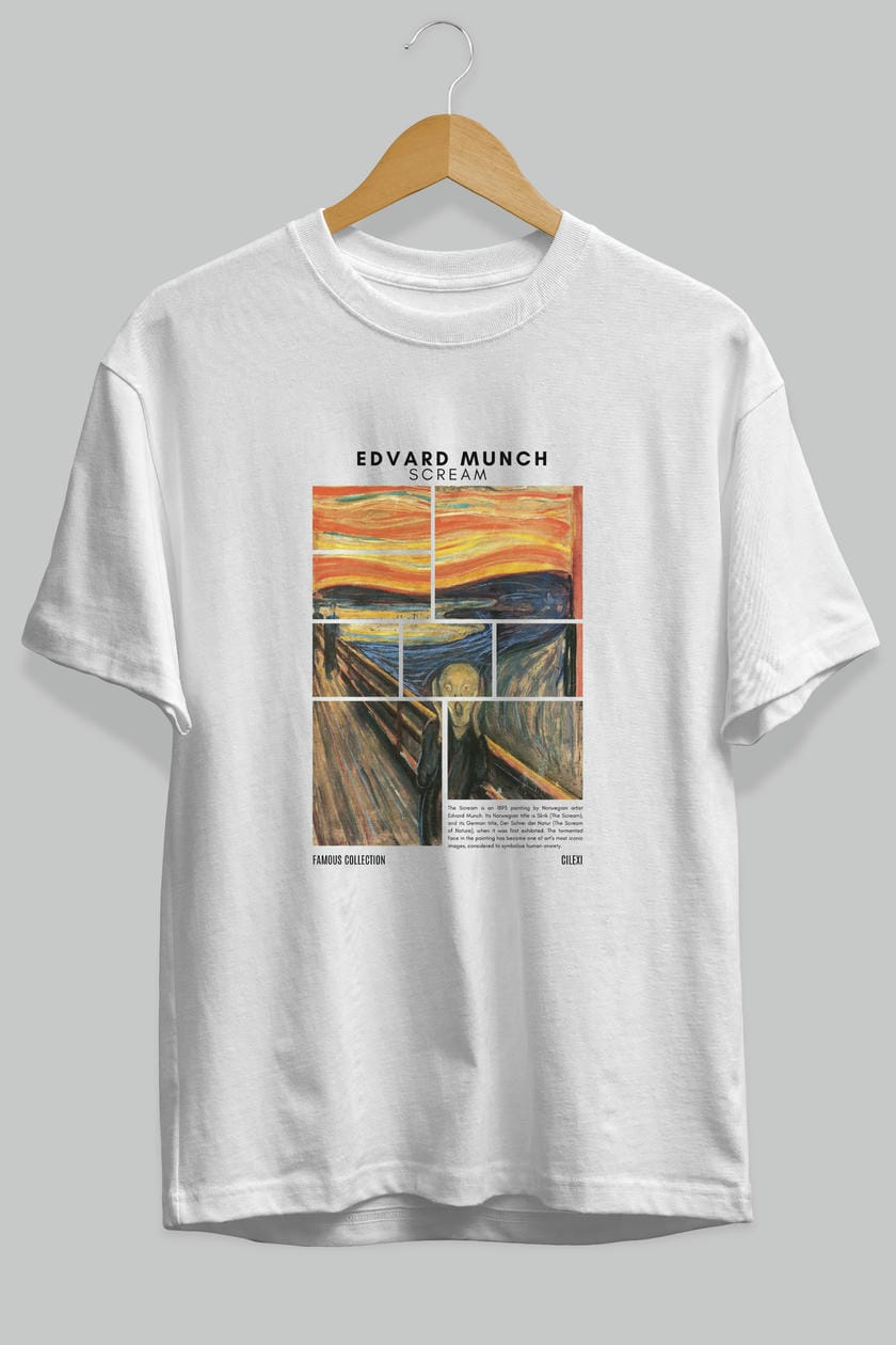 Edvard Munch Scream ön Baskılı Oversize t-shirt Erkek Kadın Bisiklet Yaka Pamuk tişort