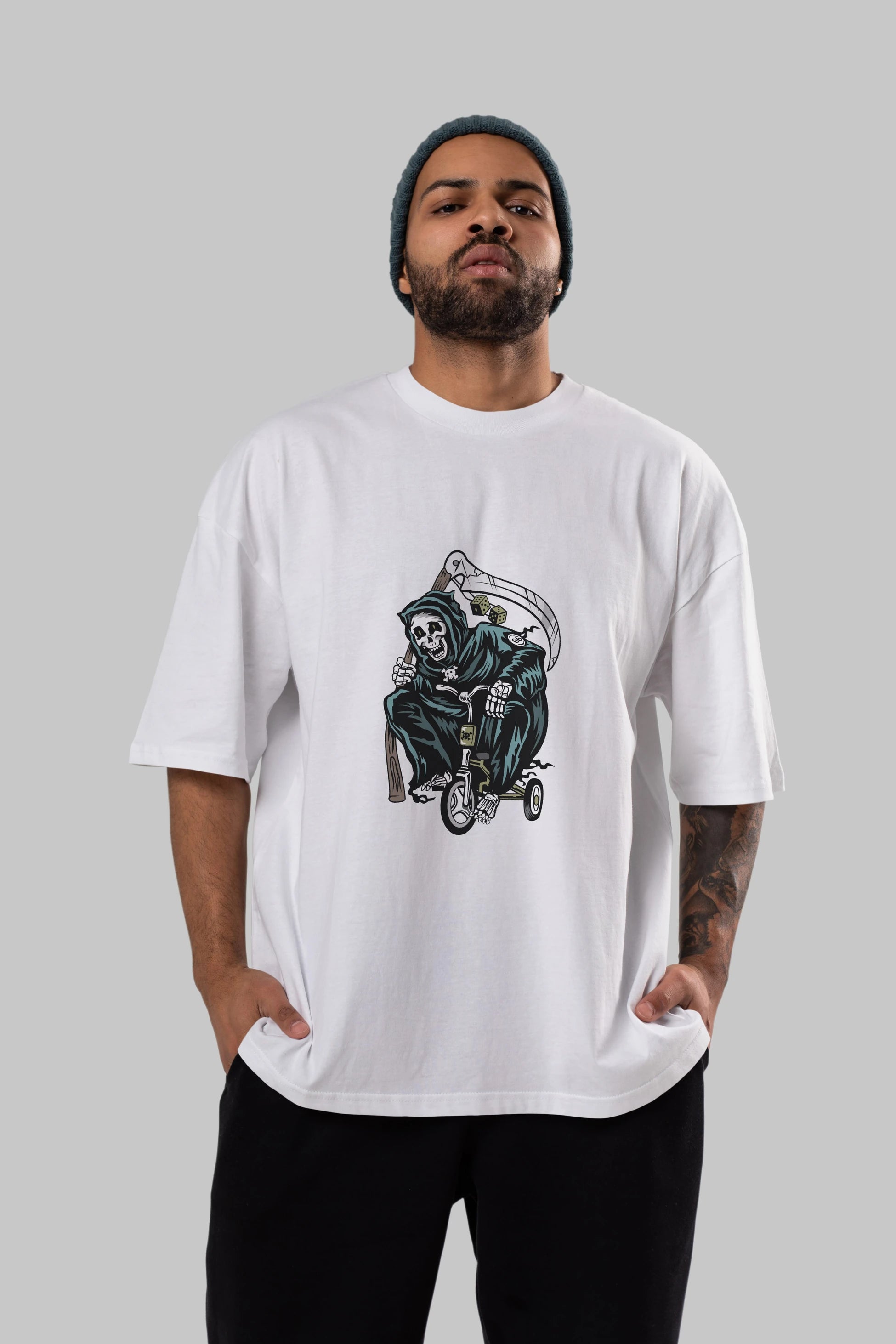 Grim Reaper Bicycle Ön Baskılı Oversize t-shirt Erkek Kadın Unisex %100 Pamuk tişort