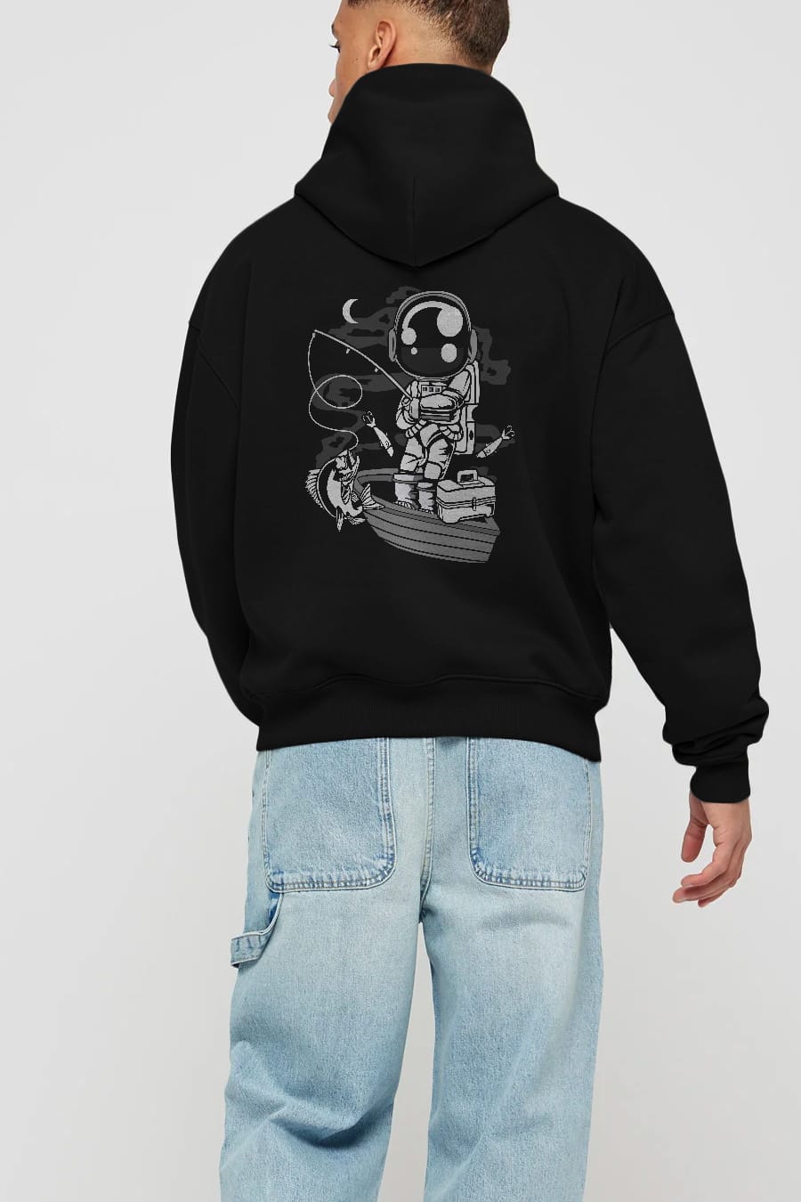 Astronaut Fisherman Arka Baskılı Hoodie Oversize Kapüşonlu Sweatshirt Erkek Kadın Unisex