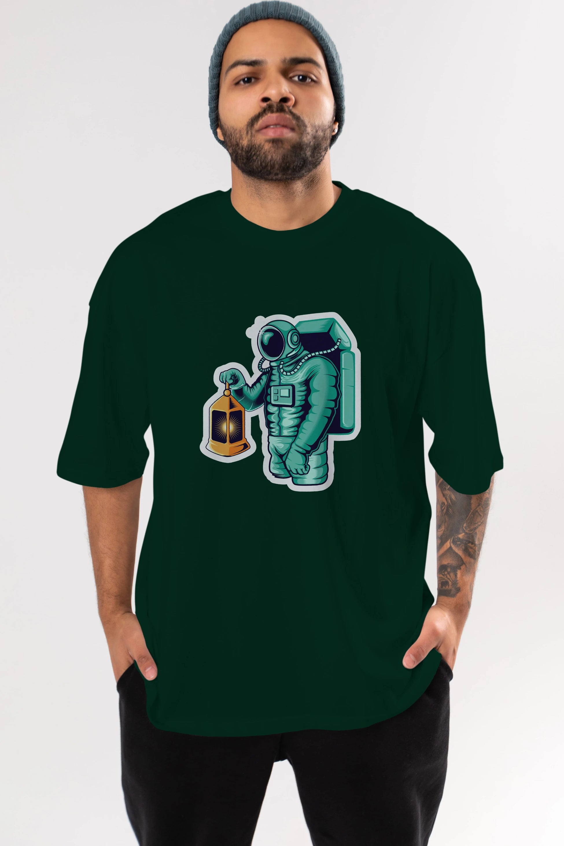 Astronaut Lantern Sticker Ön Baskılı Oversize t-shirt Erkek Kadın Unisex