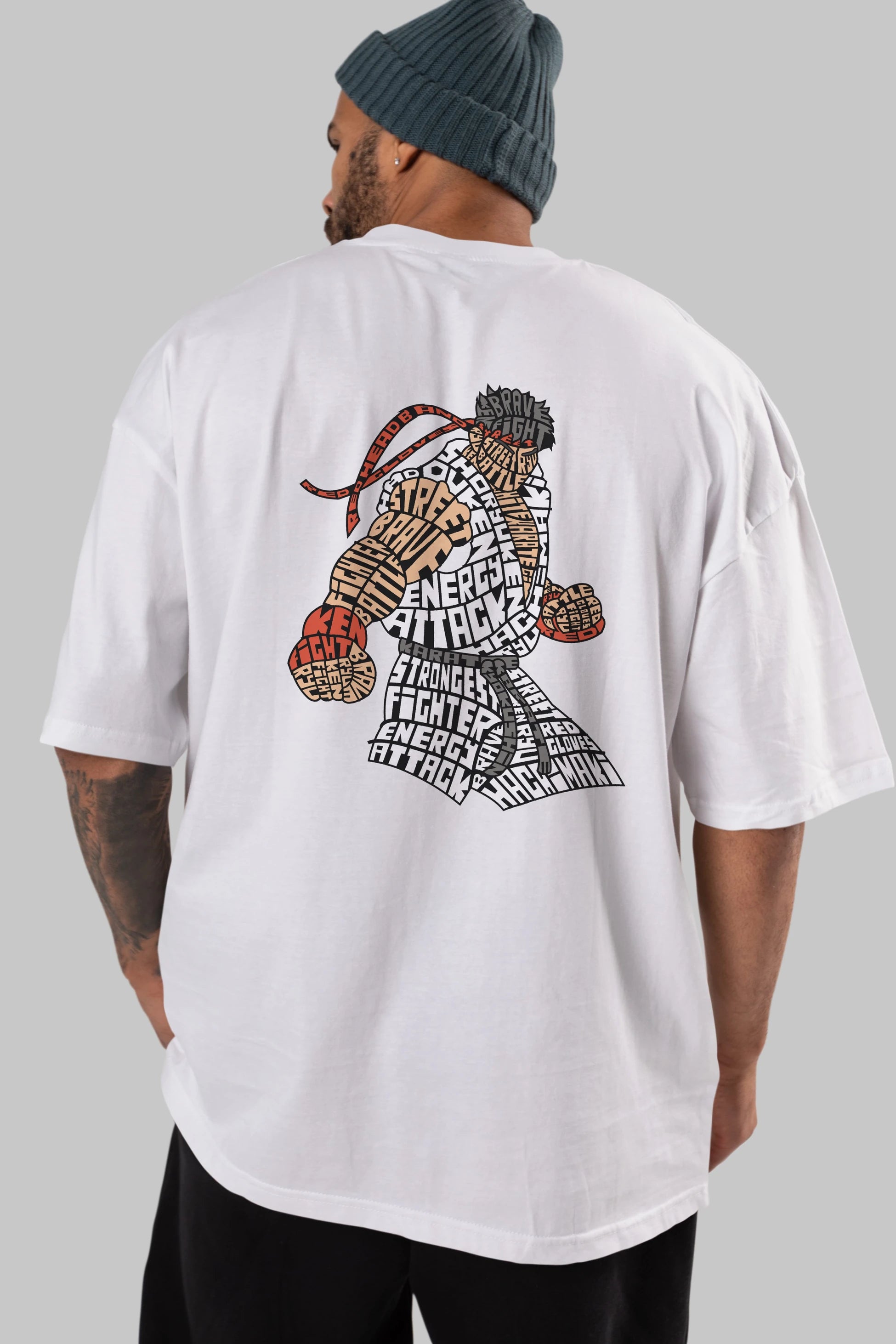 Hadouken Arka Baskılı Oversize t-shirt %100 pamuk Erkek Kadın Unisex