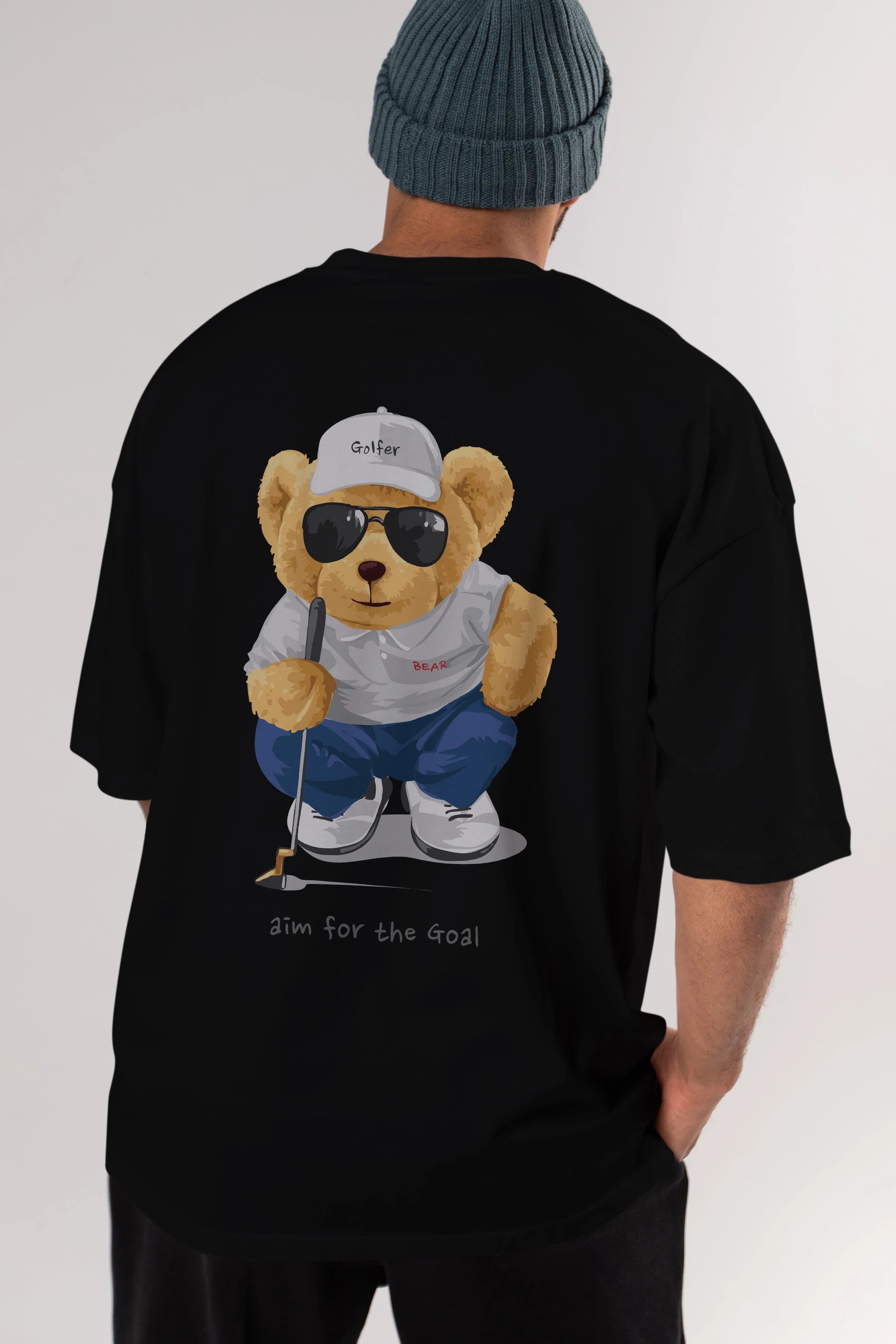 Teddy Bear Golfer Arka Baskılı Oversize t-shirt Erkek Kadın Unisex %100 Pamuk