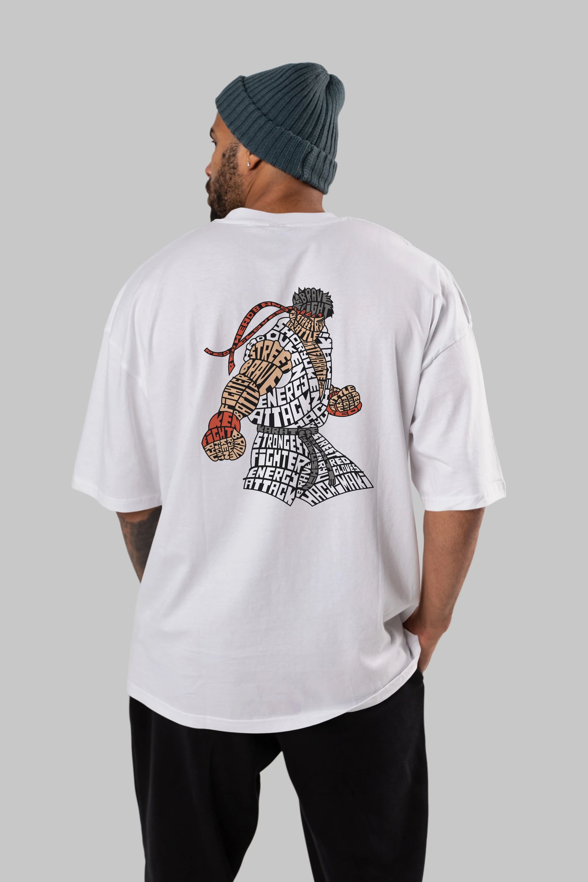 Hadouken Arka Baskılı Oversize t-shirt %100 pamuk Erkek Kadın Unisex