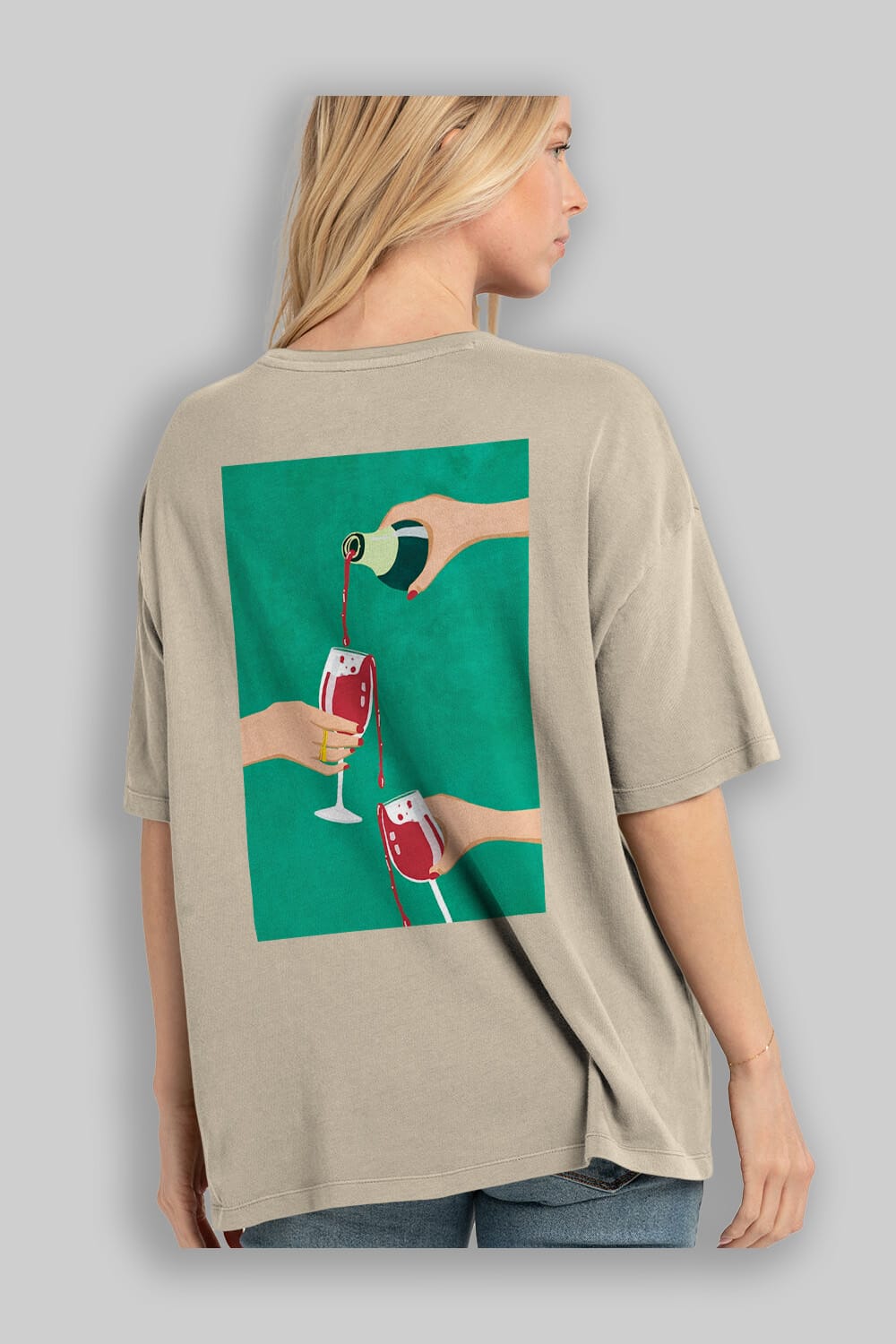 Wine 2 Arka Baskılı Oversize t-shirt Erkek Kadın Unisex %100 Pamuk Bisiklet Yaka tişort