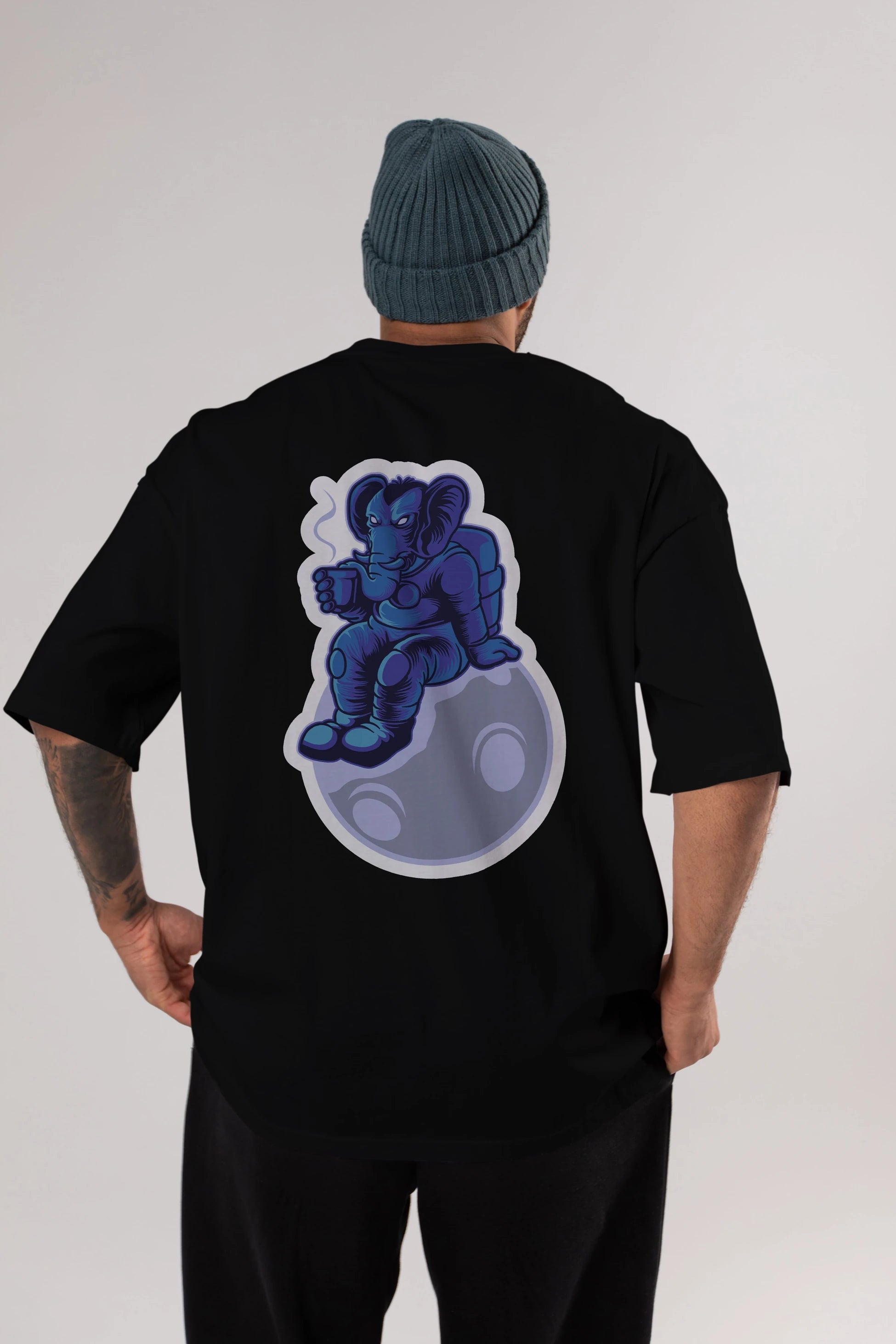 Space Elephant Drink Coffee Sticker Arka Baskılı Oversize t-shirt Erkek Kadın Unisex