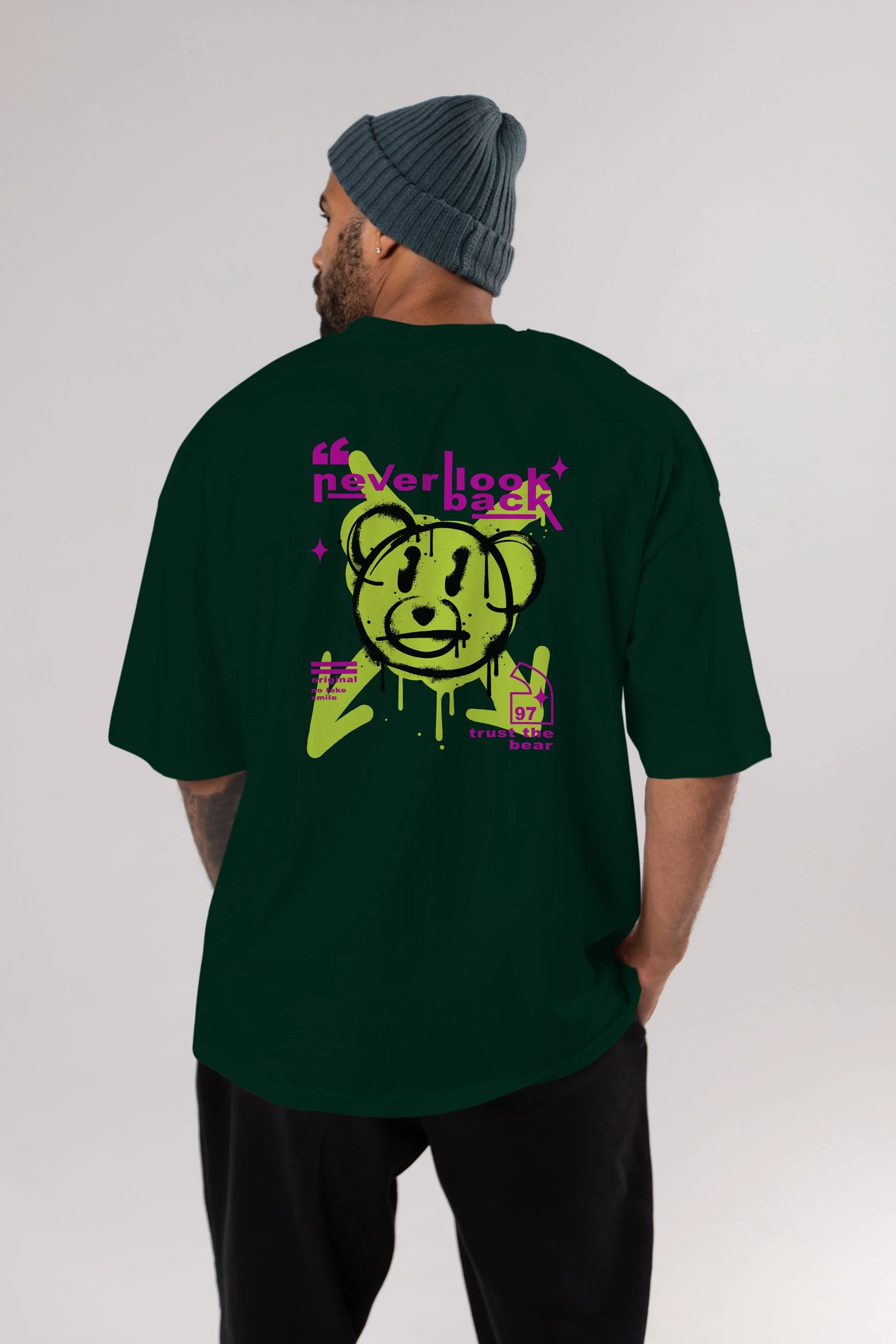 Never Look Back Bear Arka Baskılı Oversize t-shirt Erkek Kadın Unisex