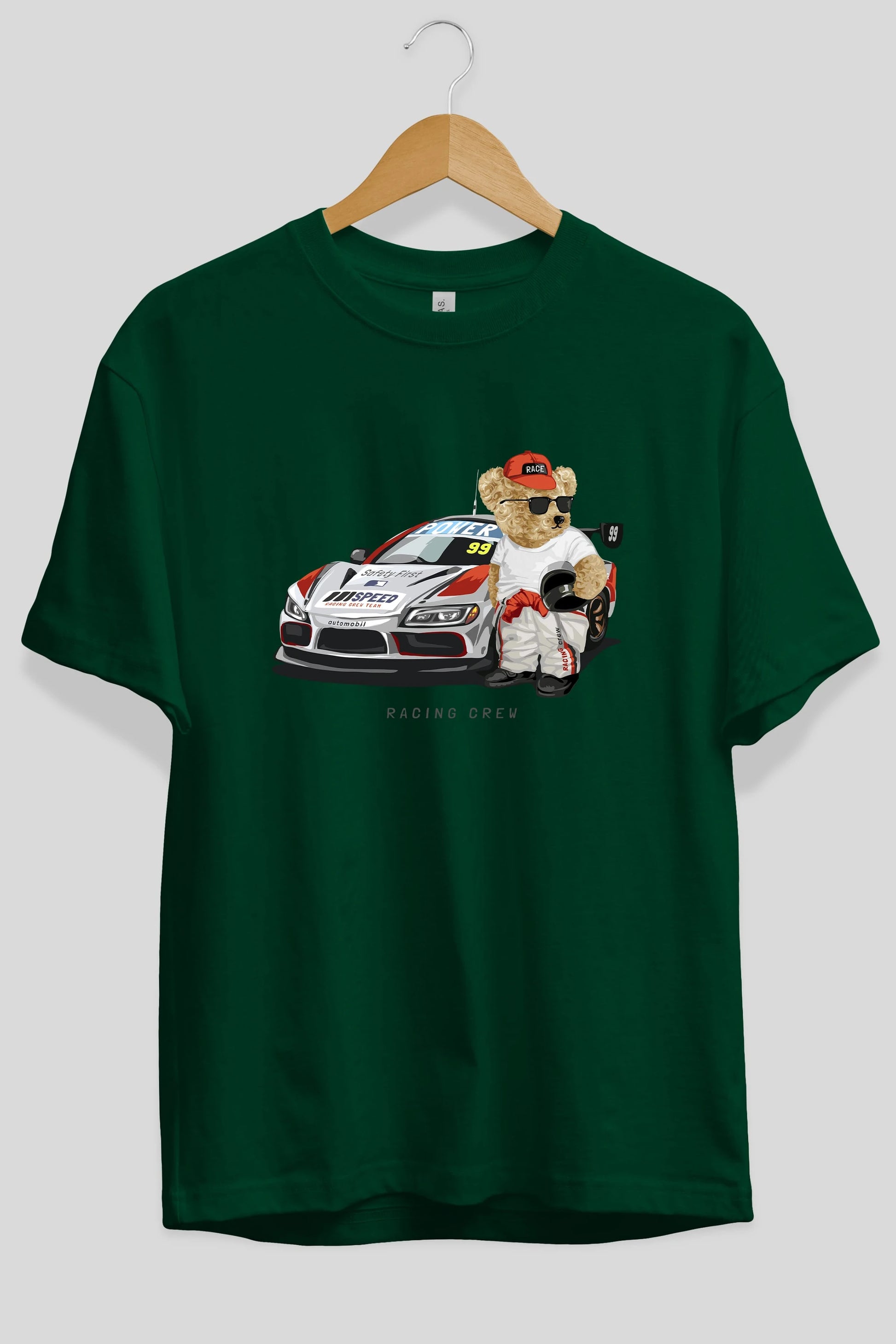 Teddy Bear Racing Crew Ön Baskılı Oversize t-shirt Erkek Kadın Unisex %100 Pamuk