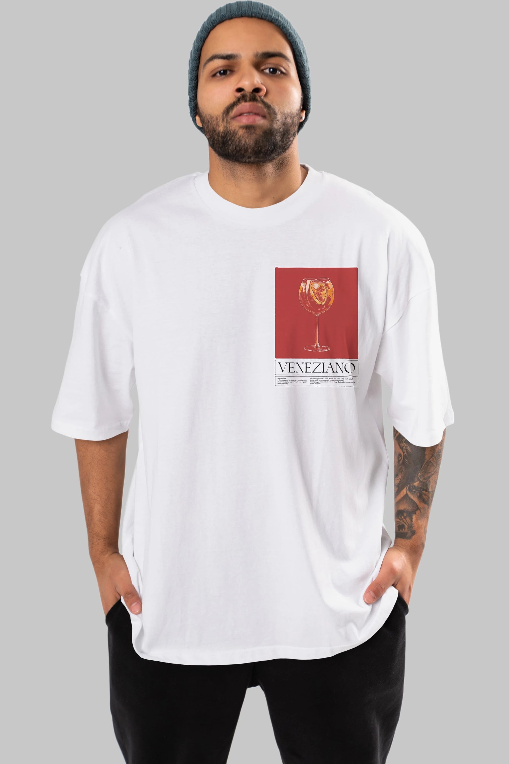 Veneziano Ön Sol Baskılı Oversize t-shirt Erkek Kadın Unisex %100 Pamuk Bisiklet Yaka tişort