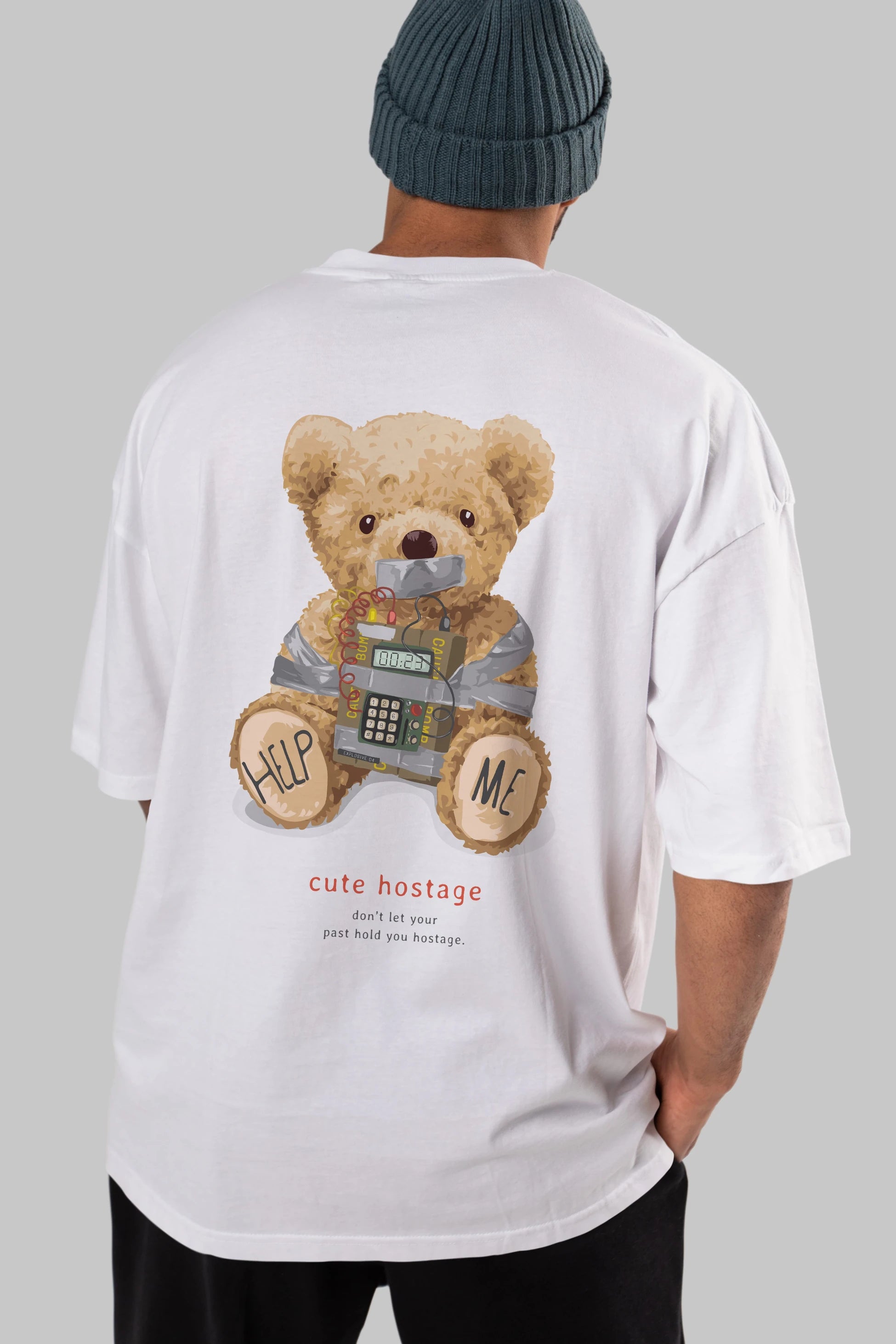 Teddy Bear Help Me Arka Baskılı Oversize t-shirt Erkek Kadın Unisex %100 Pamuk