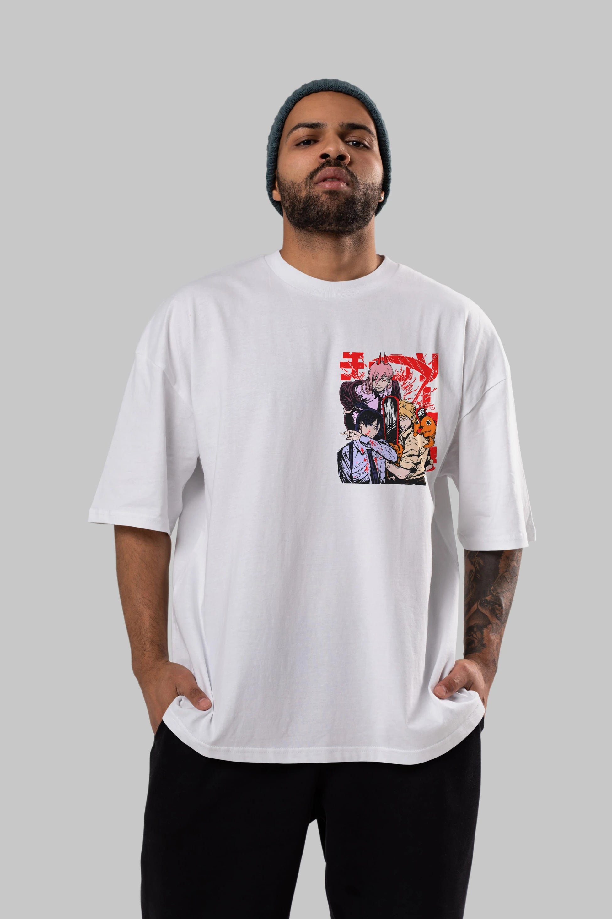 CHAINSAWMAN CREW Ön Sol Baskılı Oversize t-shirt Erkek Kadın Unisex %100 Pamuk Bisiklet Yaka tişort