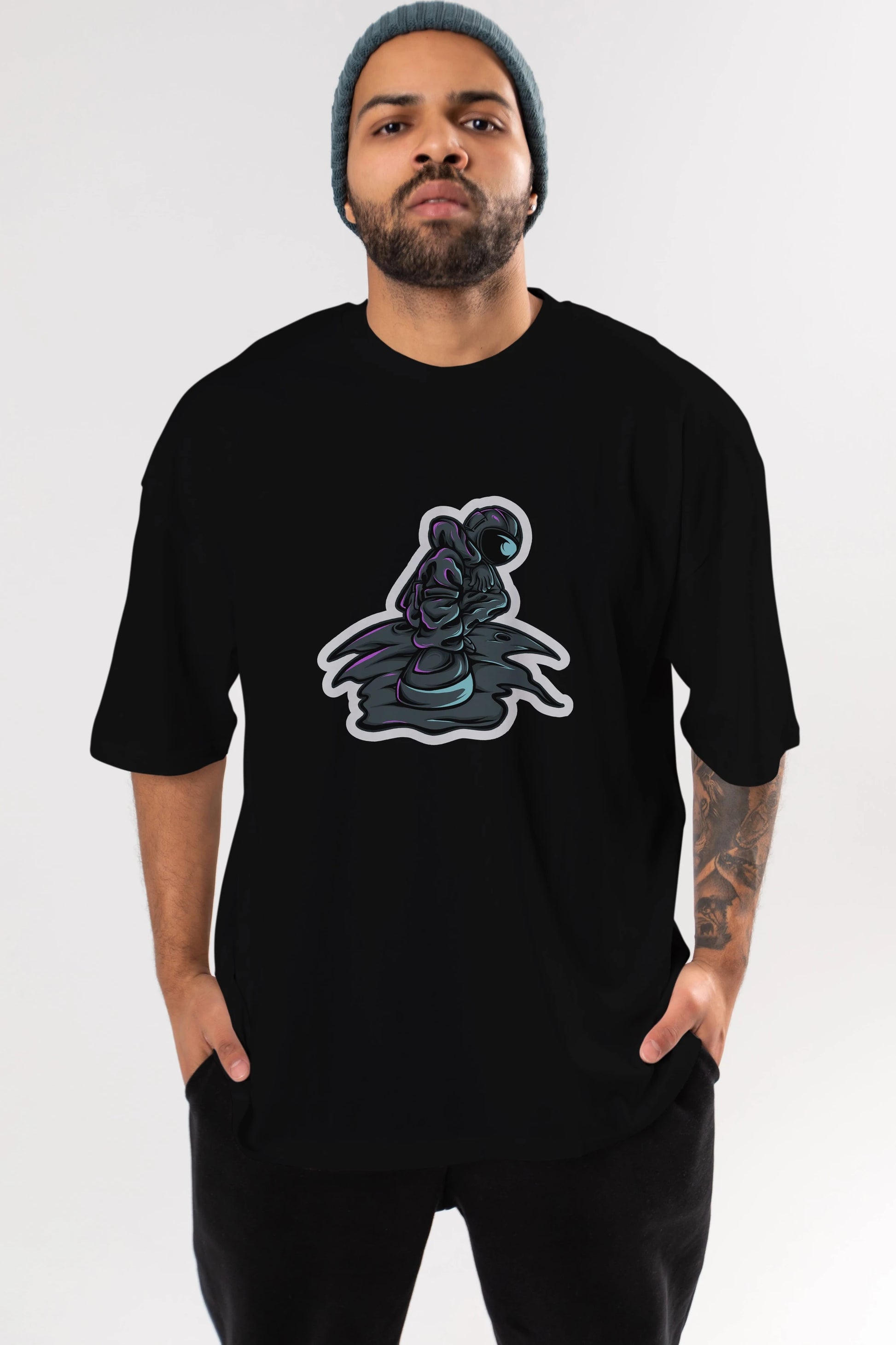 Stylish Astronaut Sticker Ön Baskılı Oversize t-shirt Erkek Kadın Unisex