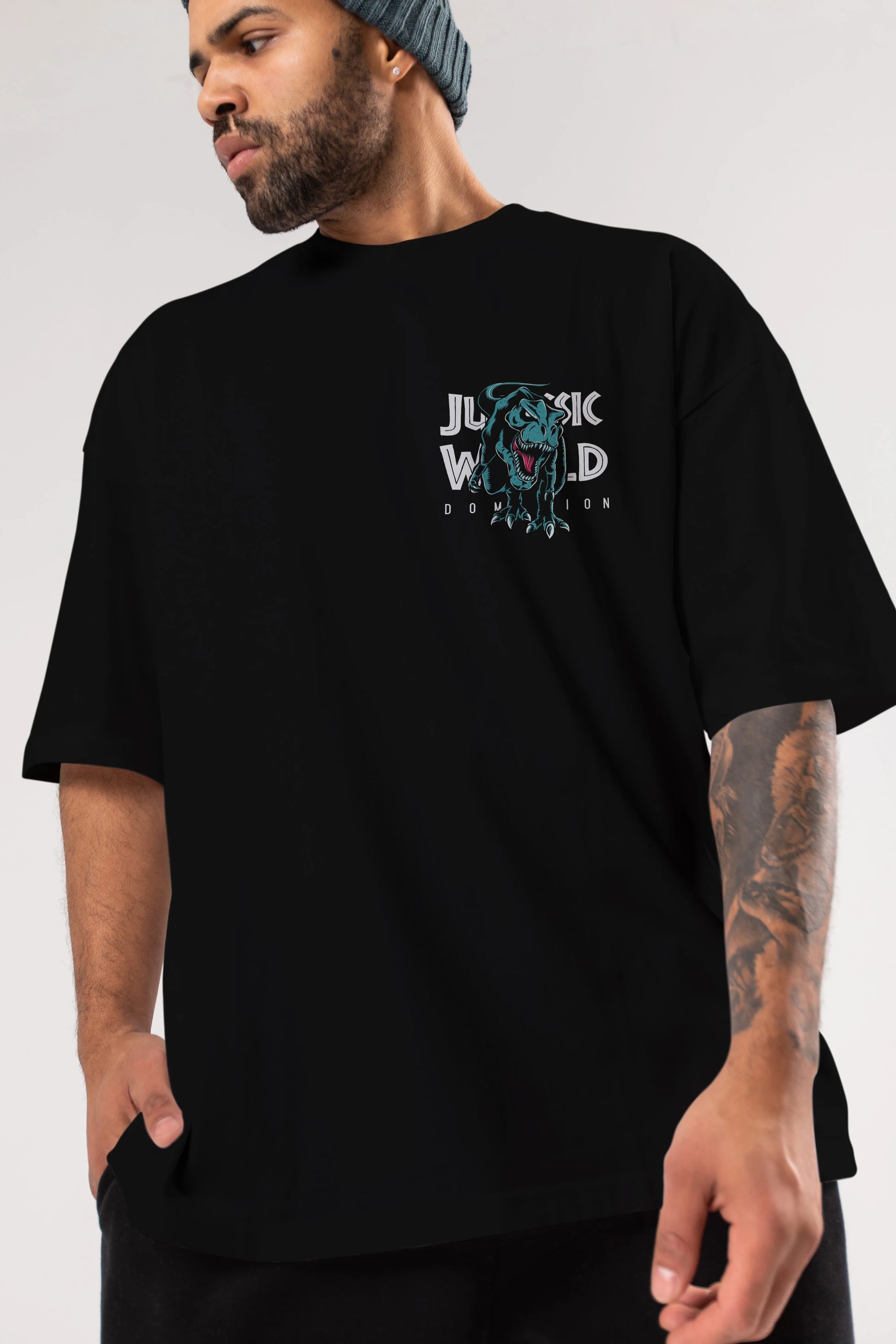 Jurassic Park (1) Ön Sol Baskılı Oversize t-shirt Erkek Kadın Unisex %100 Pamuk Bisiklet Yaka tişort