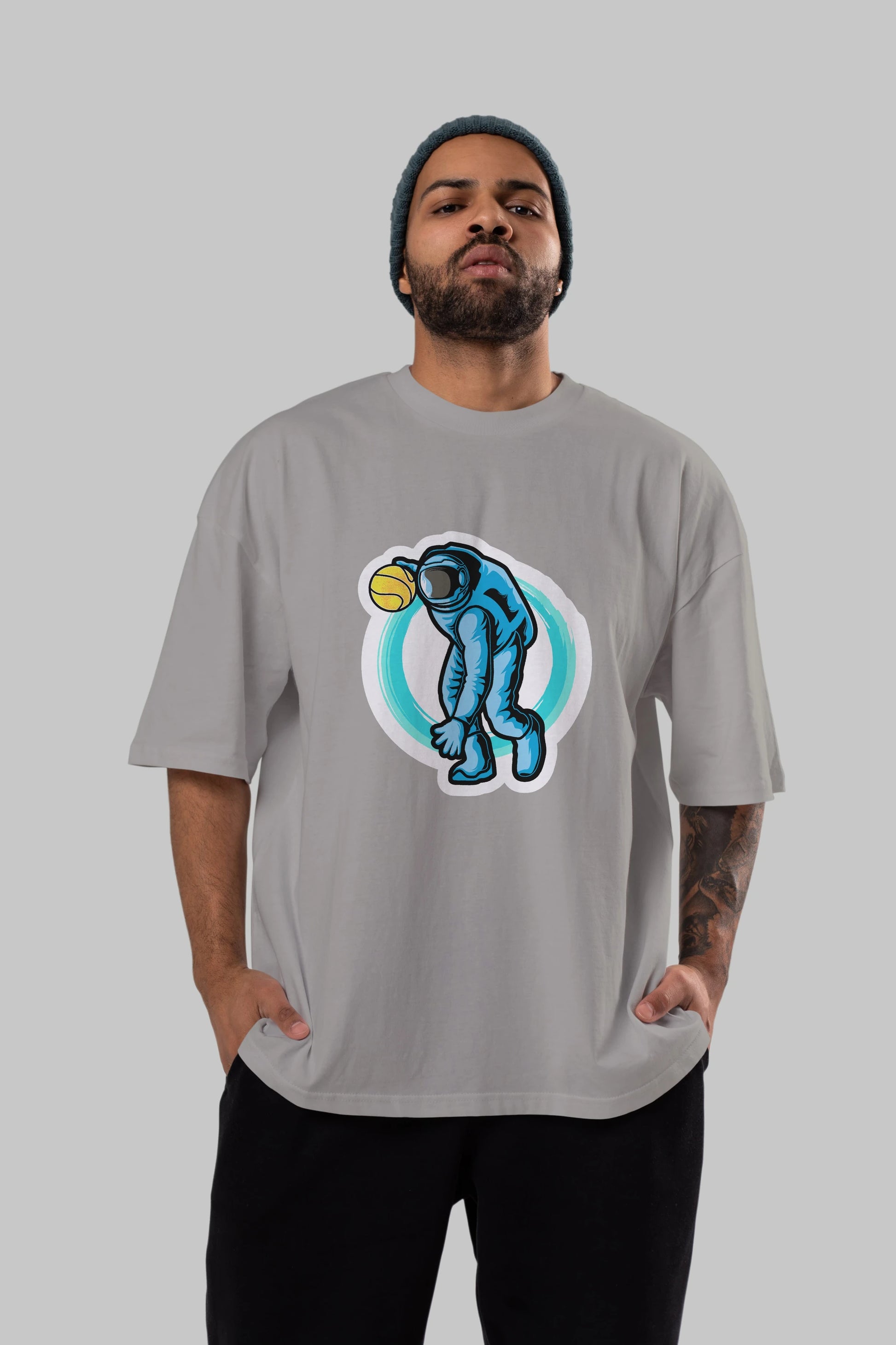 Astronaut Dribble Sticker Ön Baskılı Oversize t-shirt Erkek Kadın Unisex