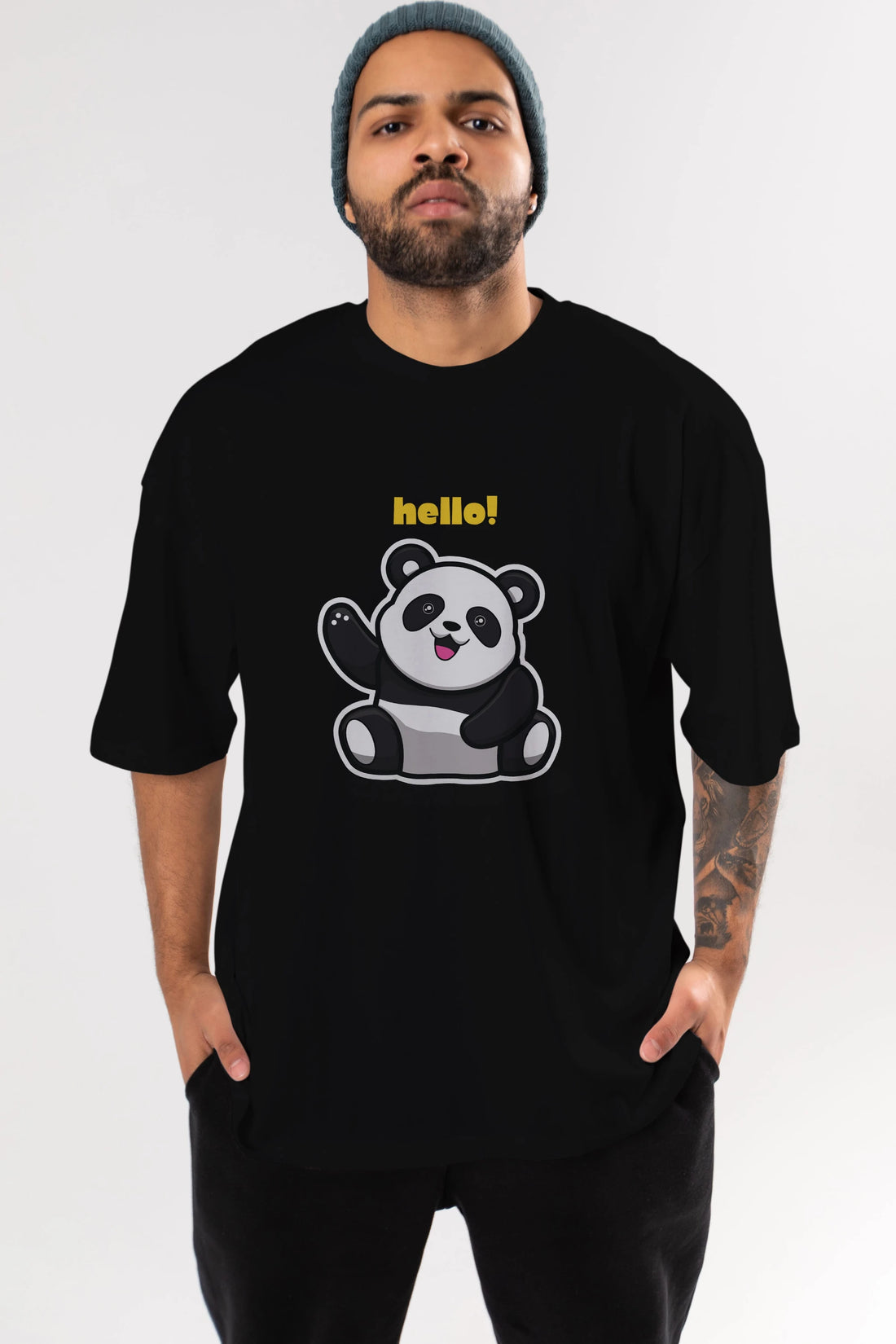 Hello Panda Ön Baskılı Oversize t-shirt Erkek Kadın Unisex