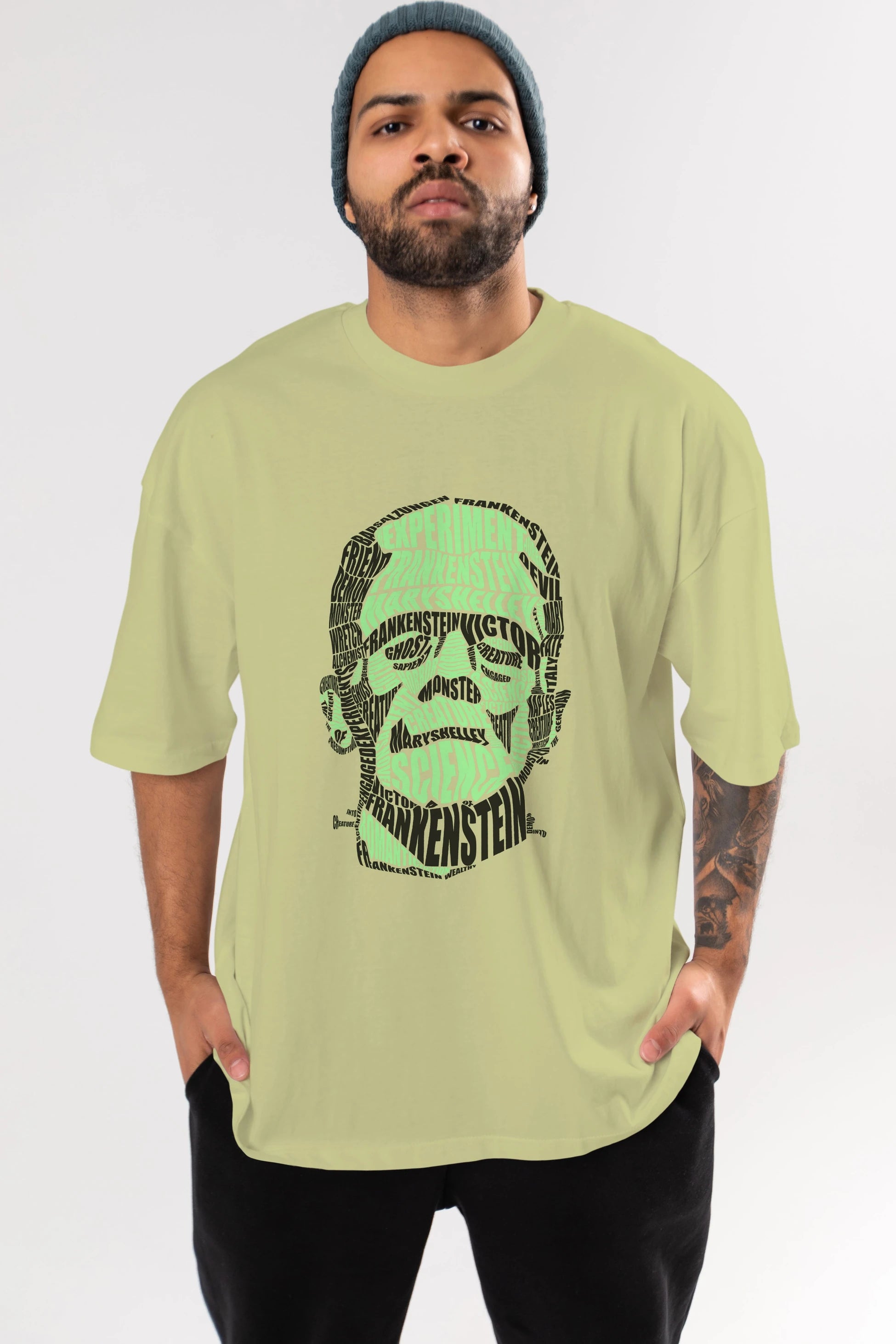 Frankenstein Calligram Ön Baskılı Oversize t-shirt %100 pamuk Erkek Kadın Unisex