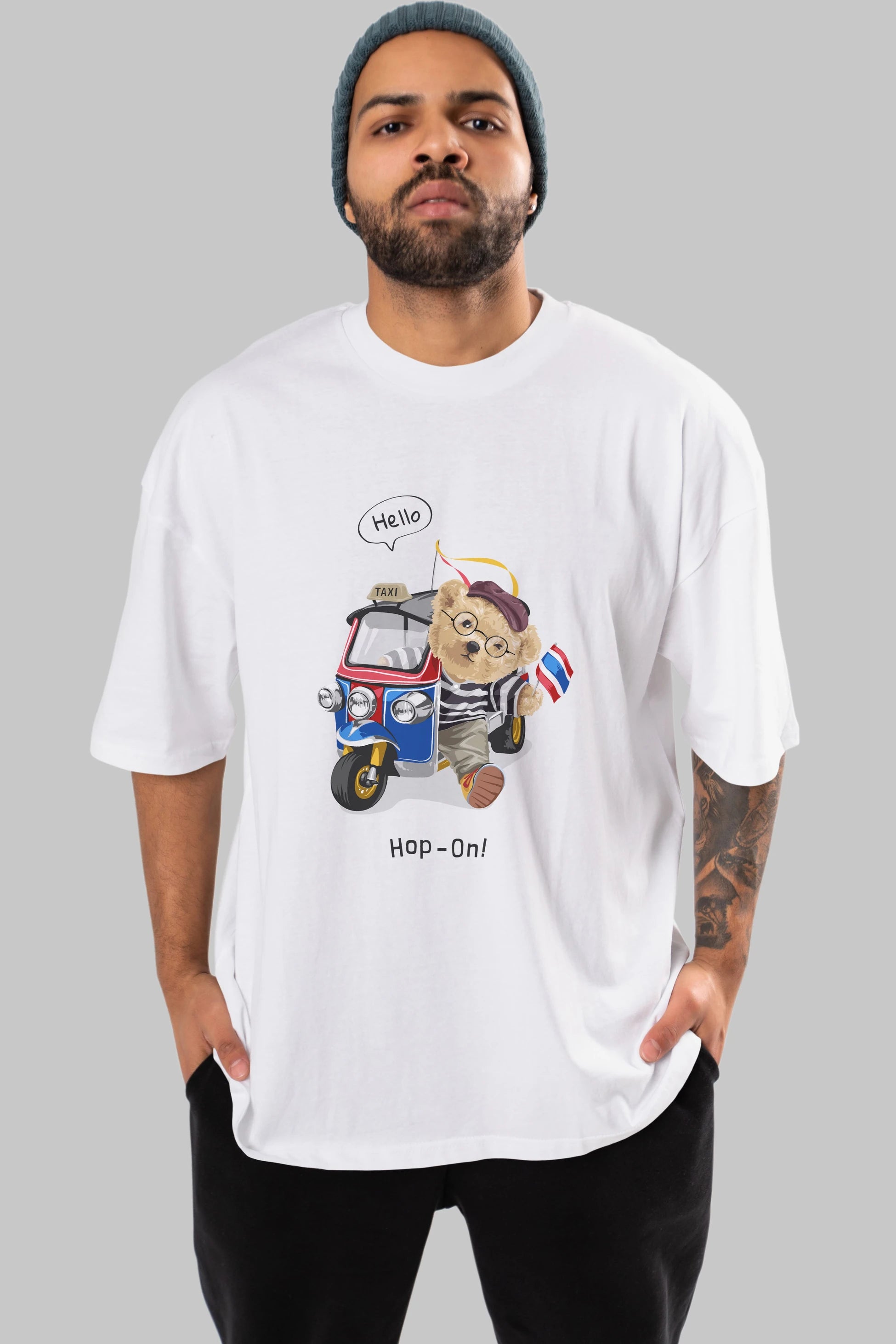 Teddy Bear Hop-On Ön Baskılı Oversize t-shirt Erkek Kadın Unisex %100 Pamuk