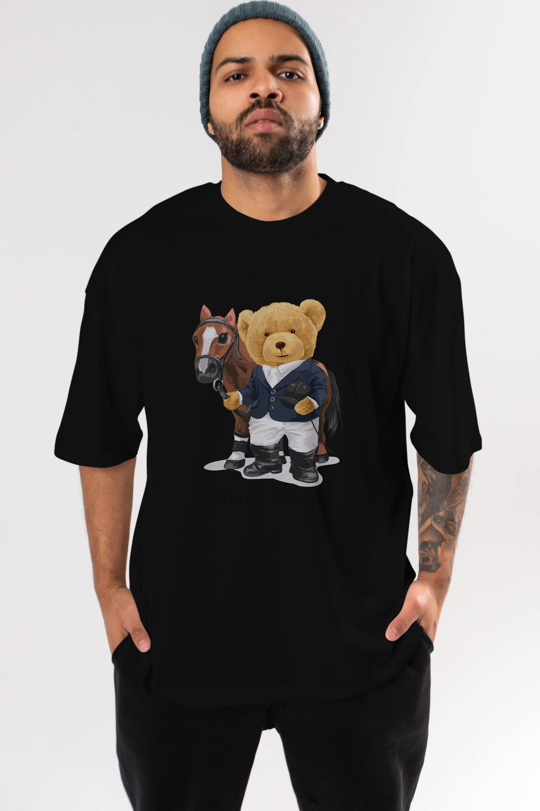 Teddy Bear Horse Riding Ön Baskılı Oversize t-shirt Erkek Kadın Unisex %100 Pamuk
