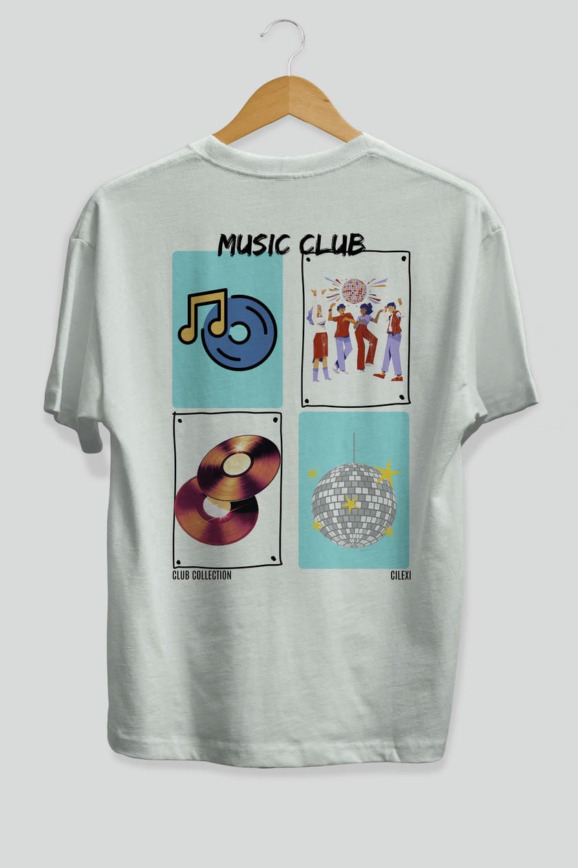 Music Club Arka Baskılı Oversize t-shirt Erkek Kadın %100 Pamuk Bisiklet Yaka tişort
