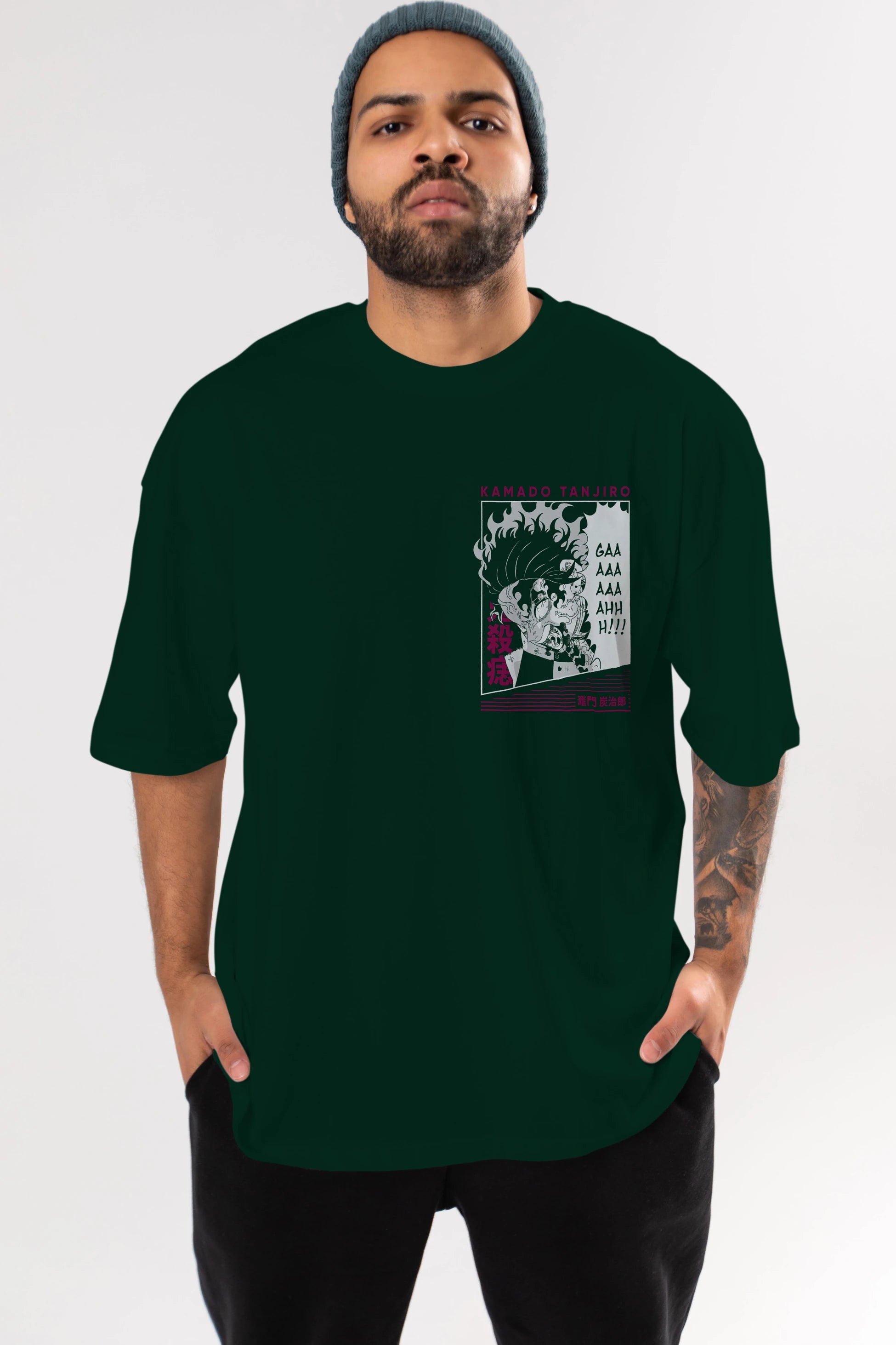 TANJIRO KAMADO 3 Ön Sol Baskılı Oversize t-shirt Erkek Kadın Unisex %100 Pamuk Bisiklet Yaka tişort