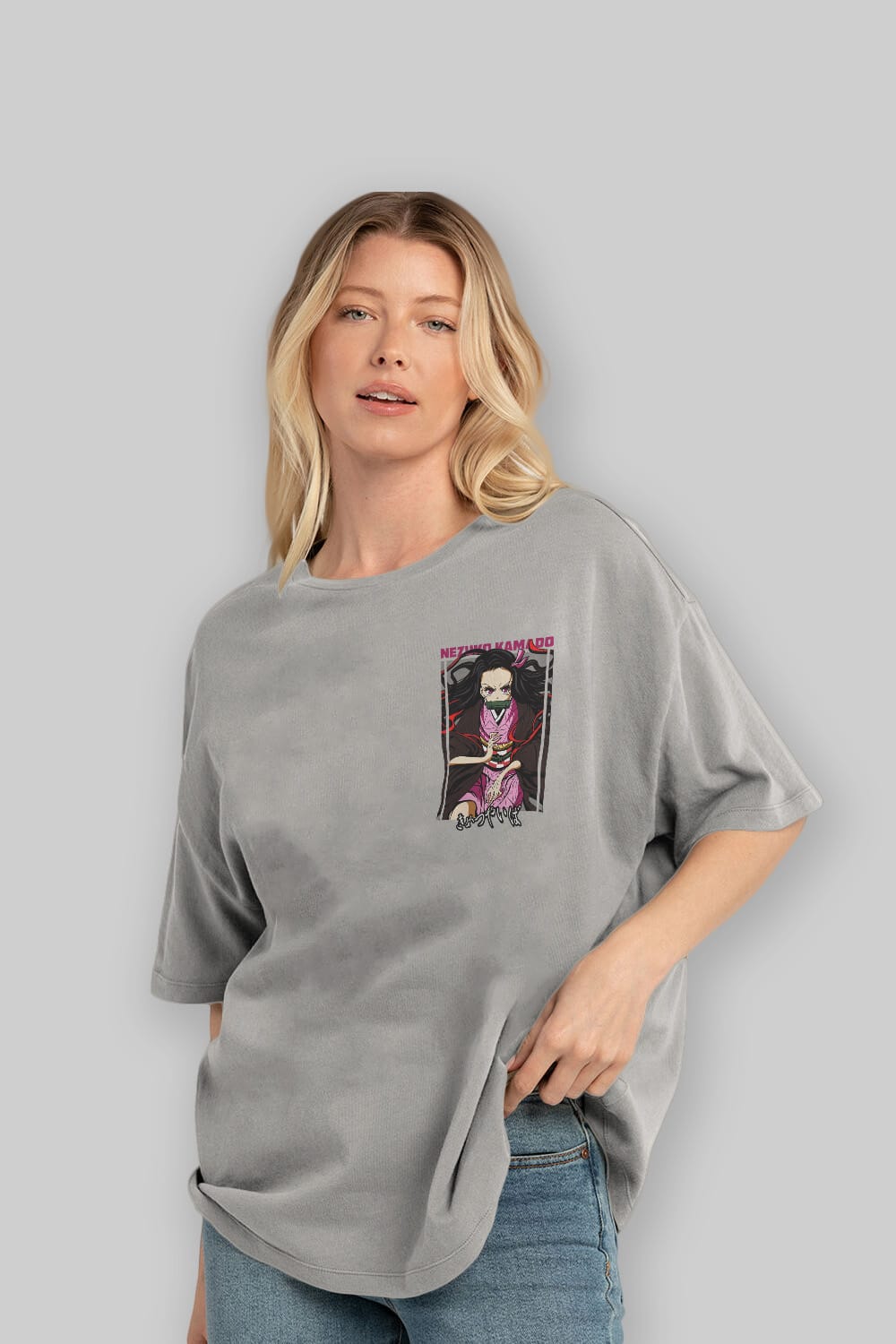 Nezuko Kamado 1 Ön Sol Baskılı Oversize t-shirt Erkek Kadın Unisex %100 Pamuk Bisiklet Yaka tişort