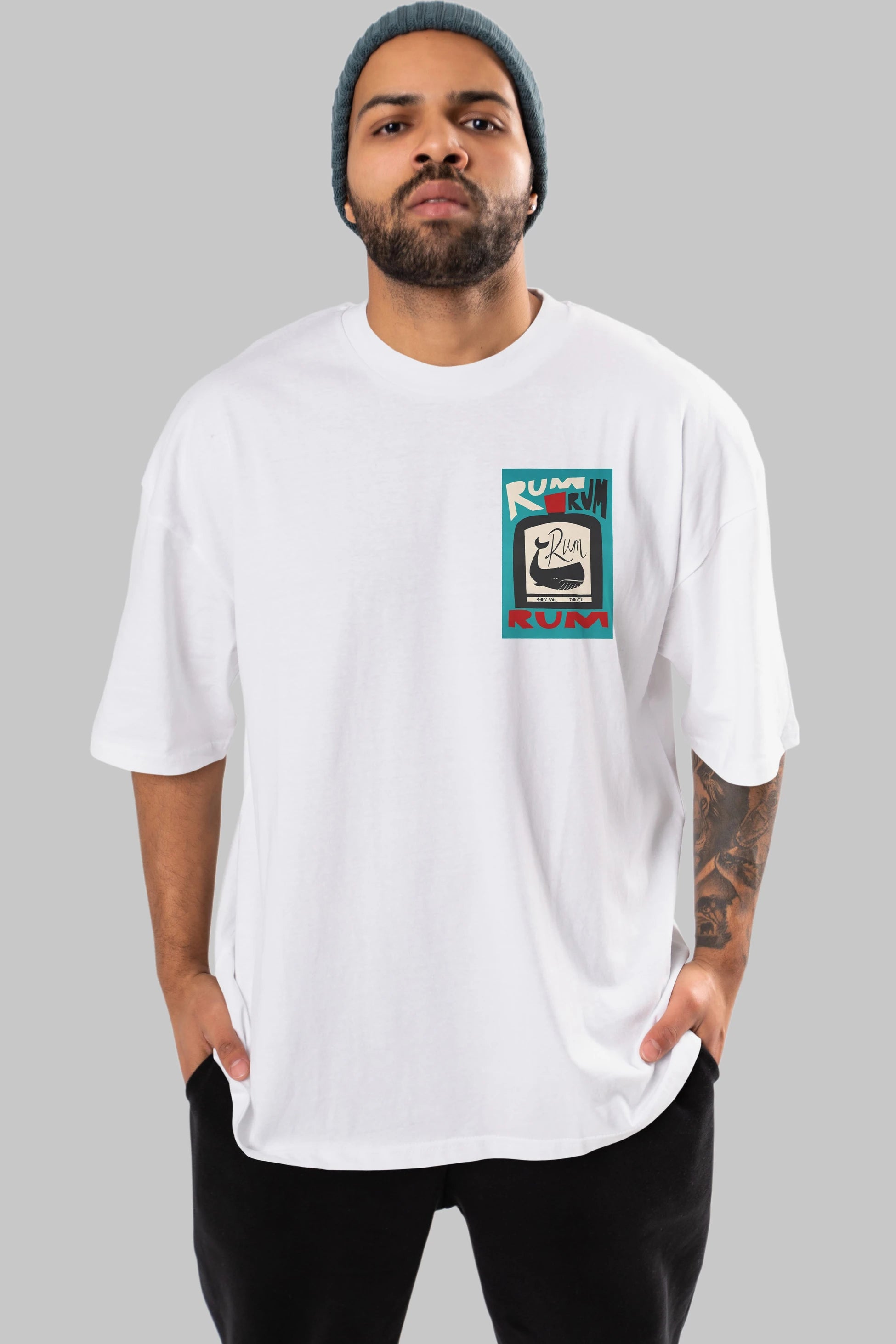 Rum Ön Sol Baskılı Oversize t-shirt Erkek Kadın Unisex %100 Pamuk Bisiklet Yaka tişort