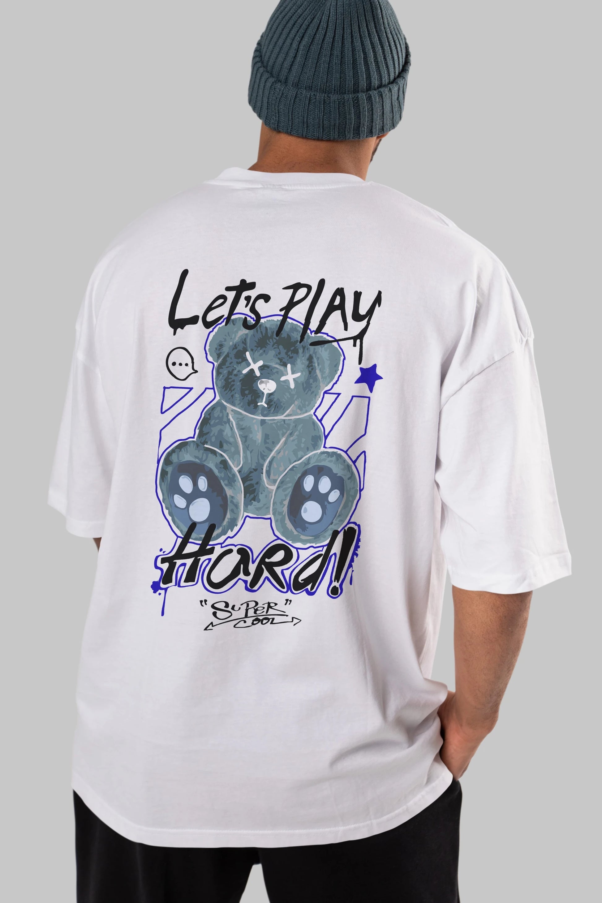 Lets Play Hard Bear Arka Baskılı Oversize t-shirt Erkek Kadın Unisex