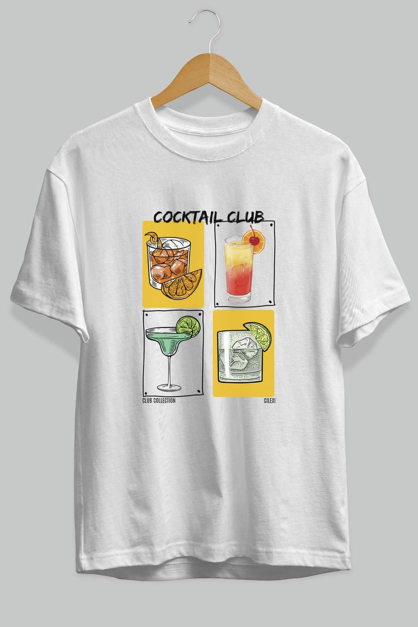 Cocktail Club ön Baskılı Oversize t-shirt Erkek Kadın %100 Pamuk Bisiklet Yaka tişort