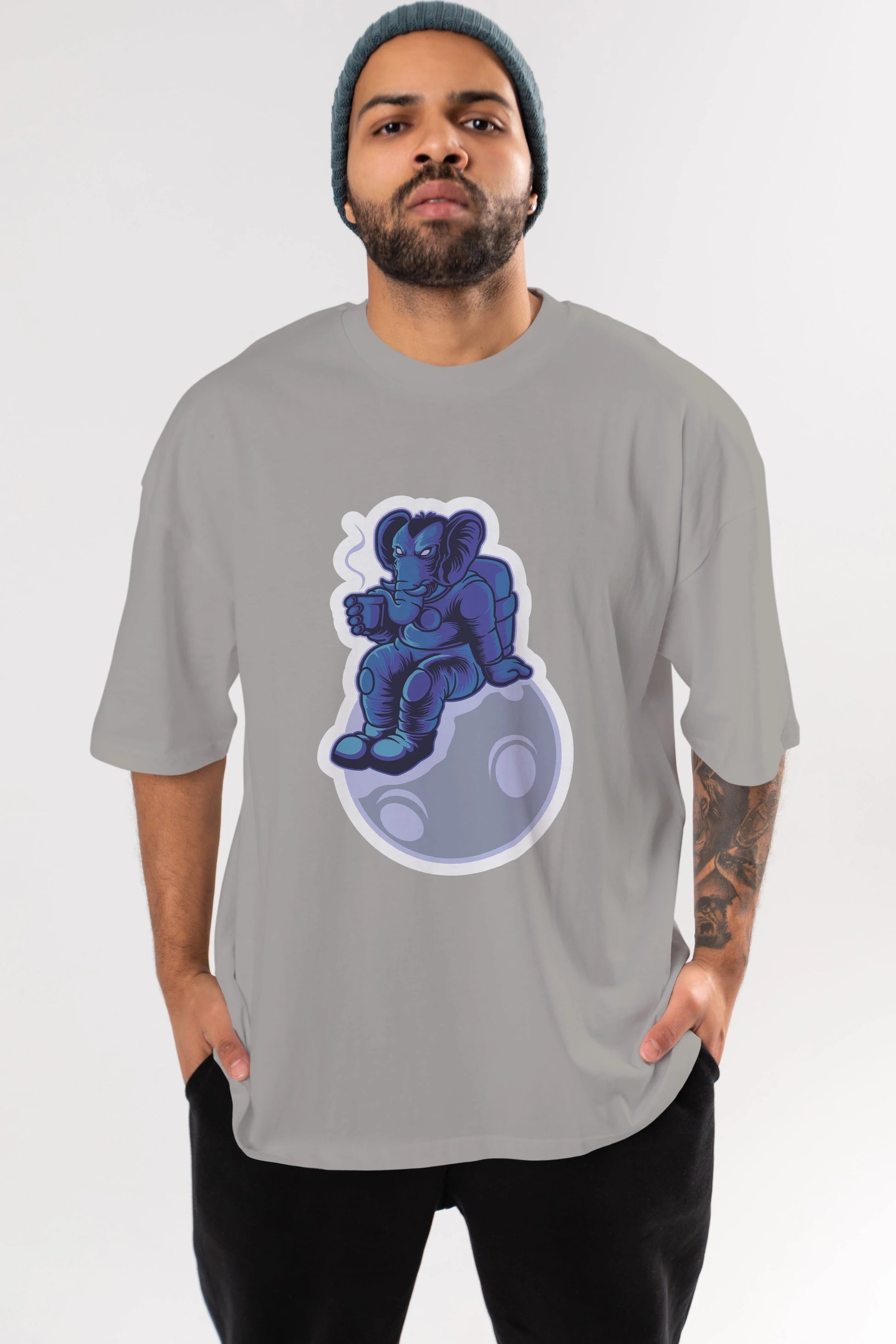 Space Elephant Drink Coffee Sticker Ön Baskılı Oversize t-shirt Erkek Kadın Unisex