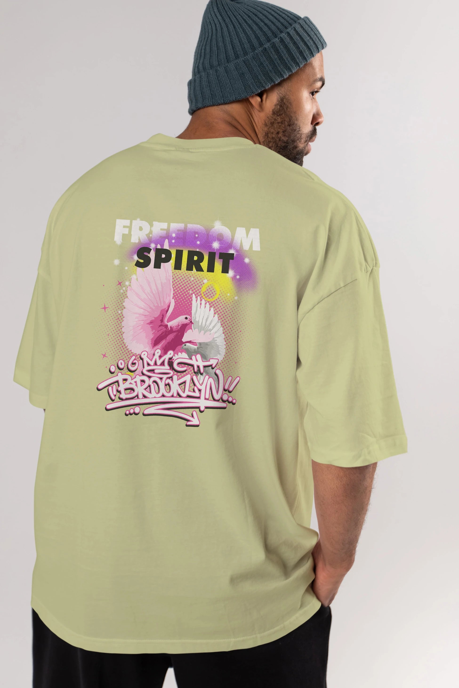 Freedom Spirit Brooklyn Arka Baskılı Oversize t-shirt Erkek Kadın Unisex