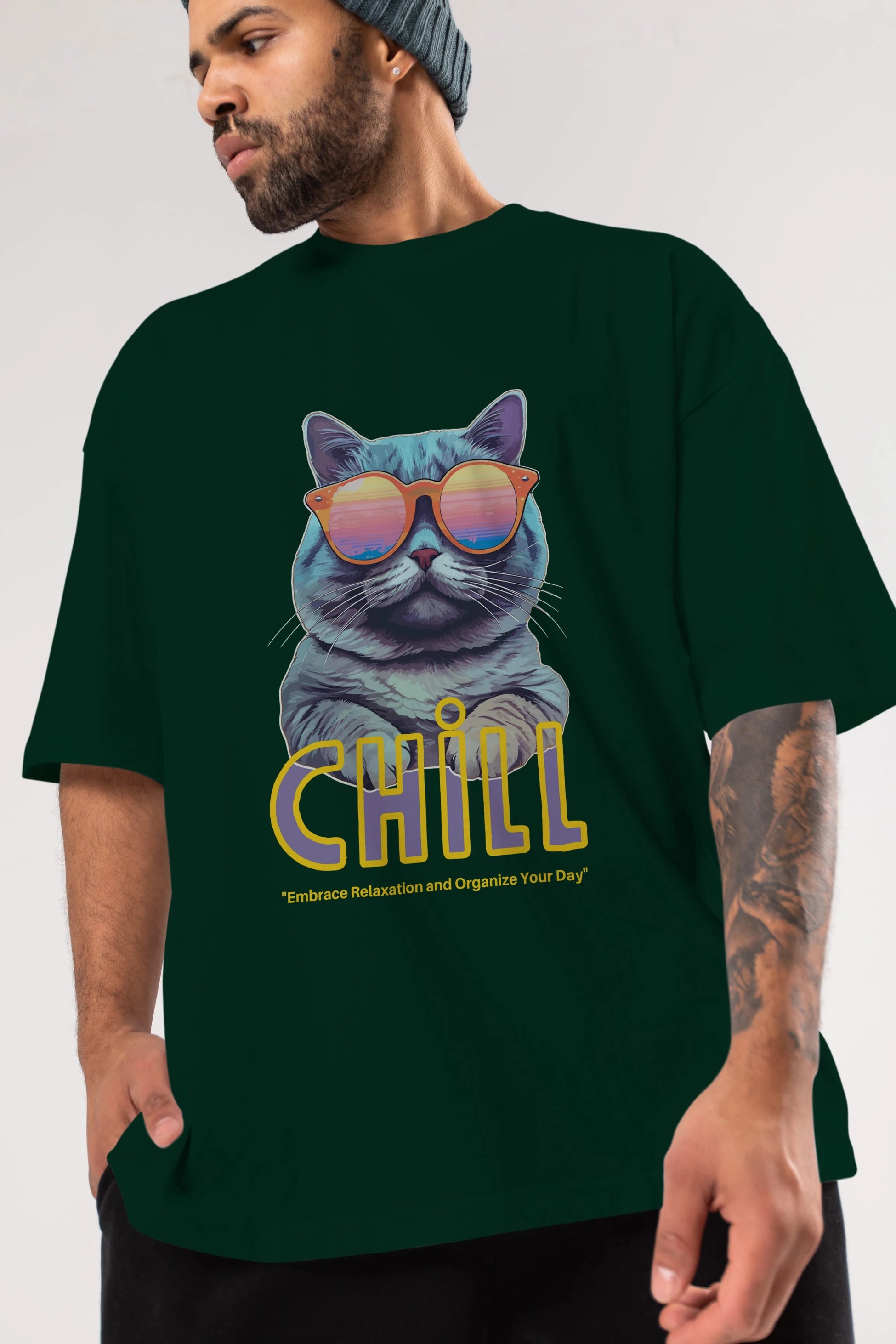 Chill Cat Ön Baskılı Oversize t-shirt Erkek Kadın Unisex