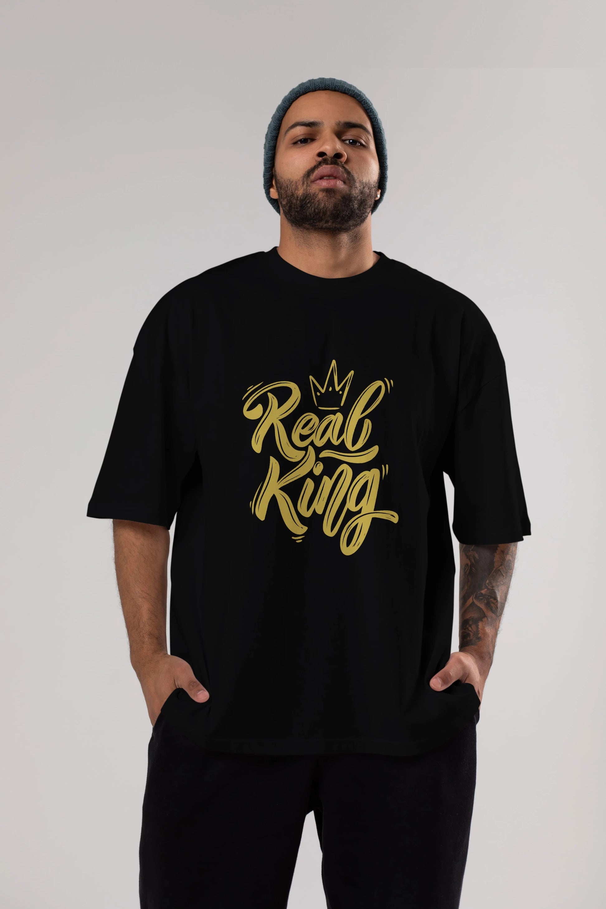 Real King Yazılı Ön Baskılı Oversize t-shirt Erkek Kadın Unisex