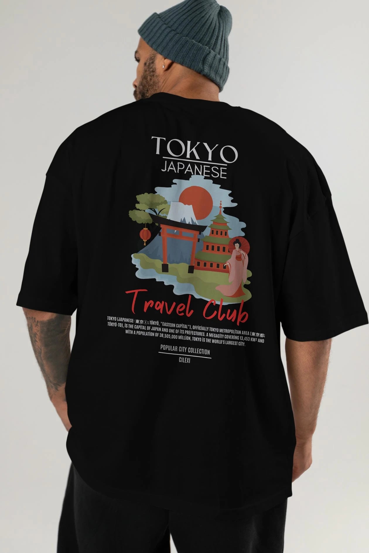 Tokyo Japanese Arka Baskılı Oversize t-shirt Erkek Kadın Pamuk Bisiklet Yaka tişort