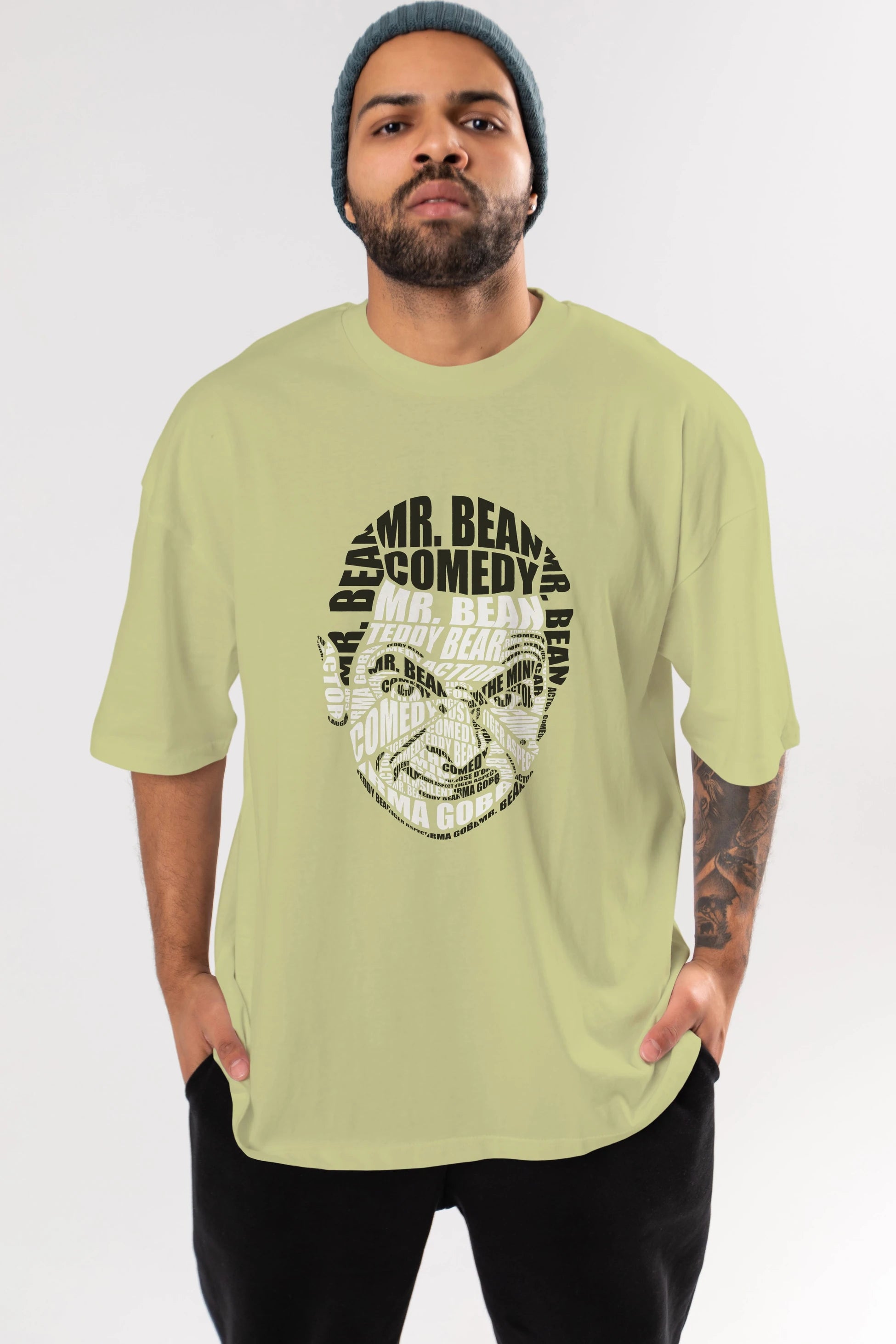 Mr Bean Calligram Ön Baskılı Oversize t-shirt %100 pamuk Erkek Kadın Unisex