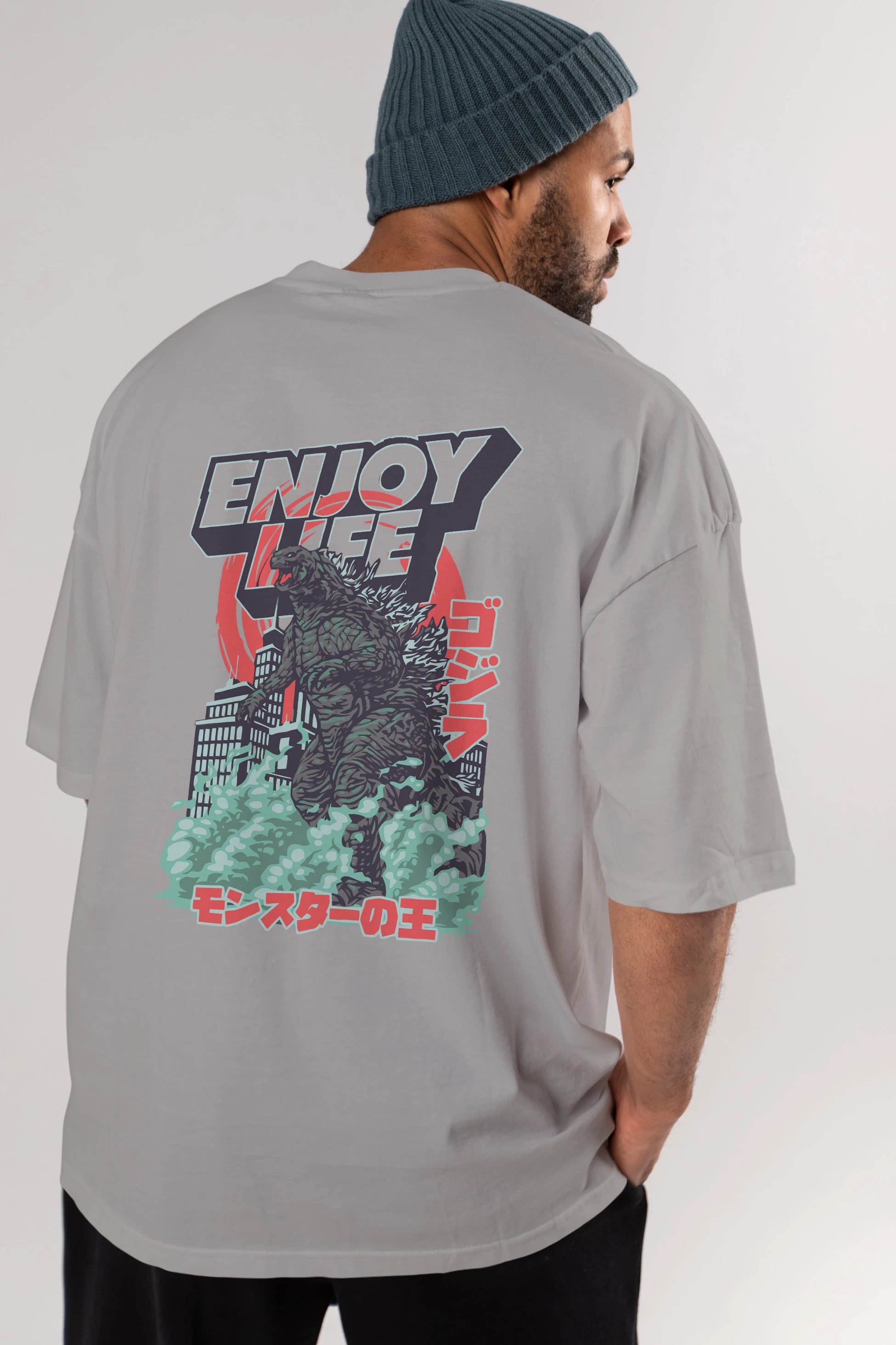 Godzilla Arka Baskılı Oversize t-shirt Erkek Kadın Unisex %100 Pamuk Bisiklet Yaka tişort