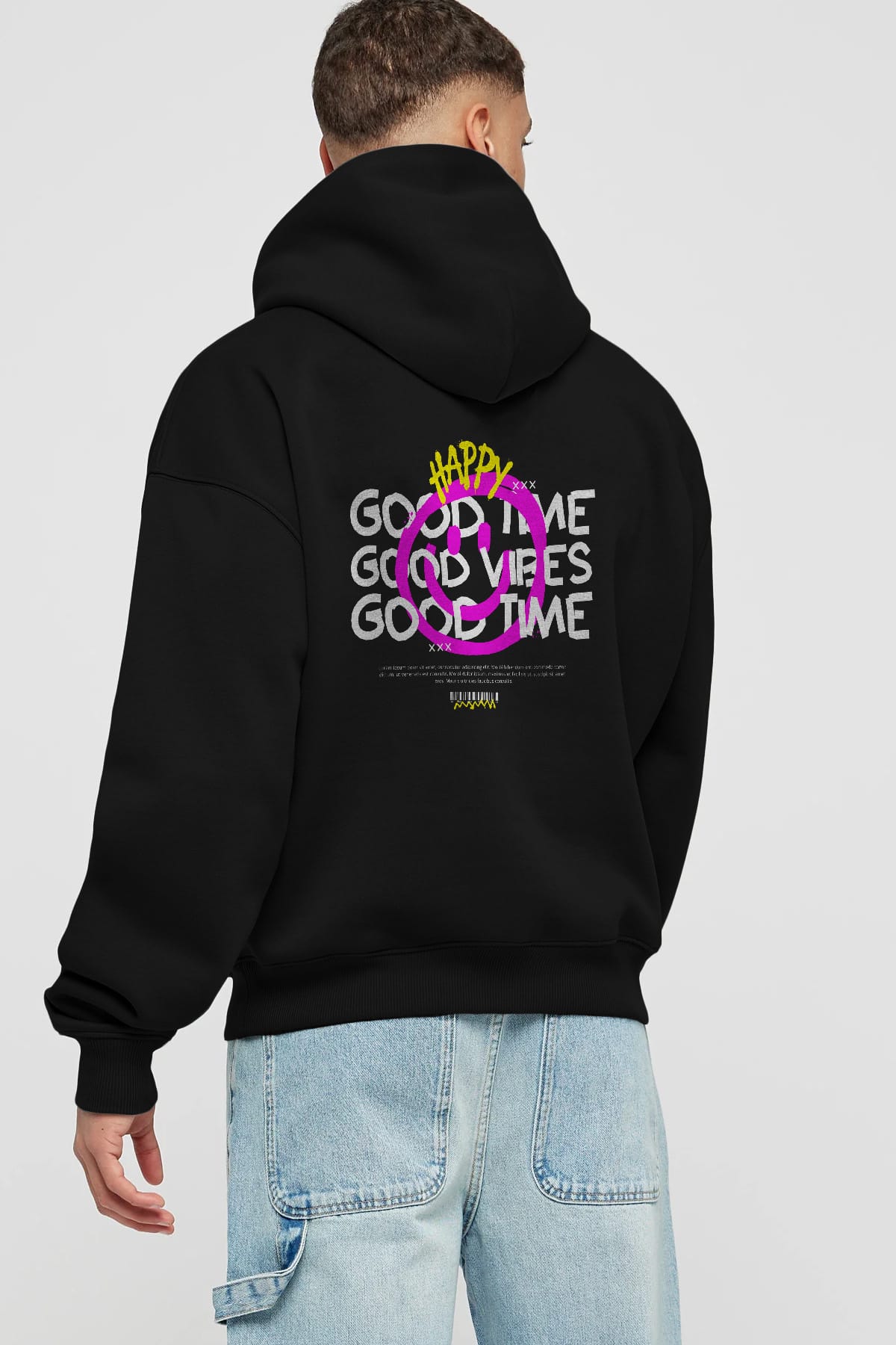 Happy Good Time Yazılı Arka Baskılı Oversize Hoodie Kapüşonlu Sweatshirt Erkek Kadın Unisex