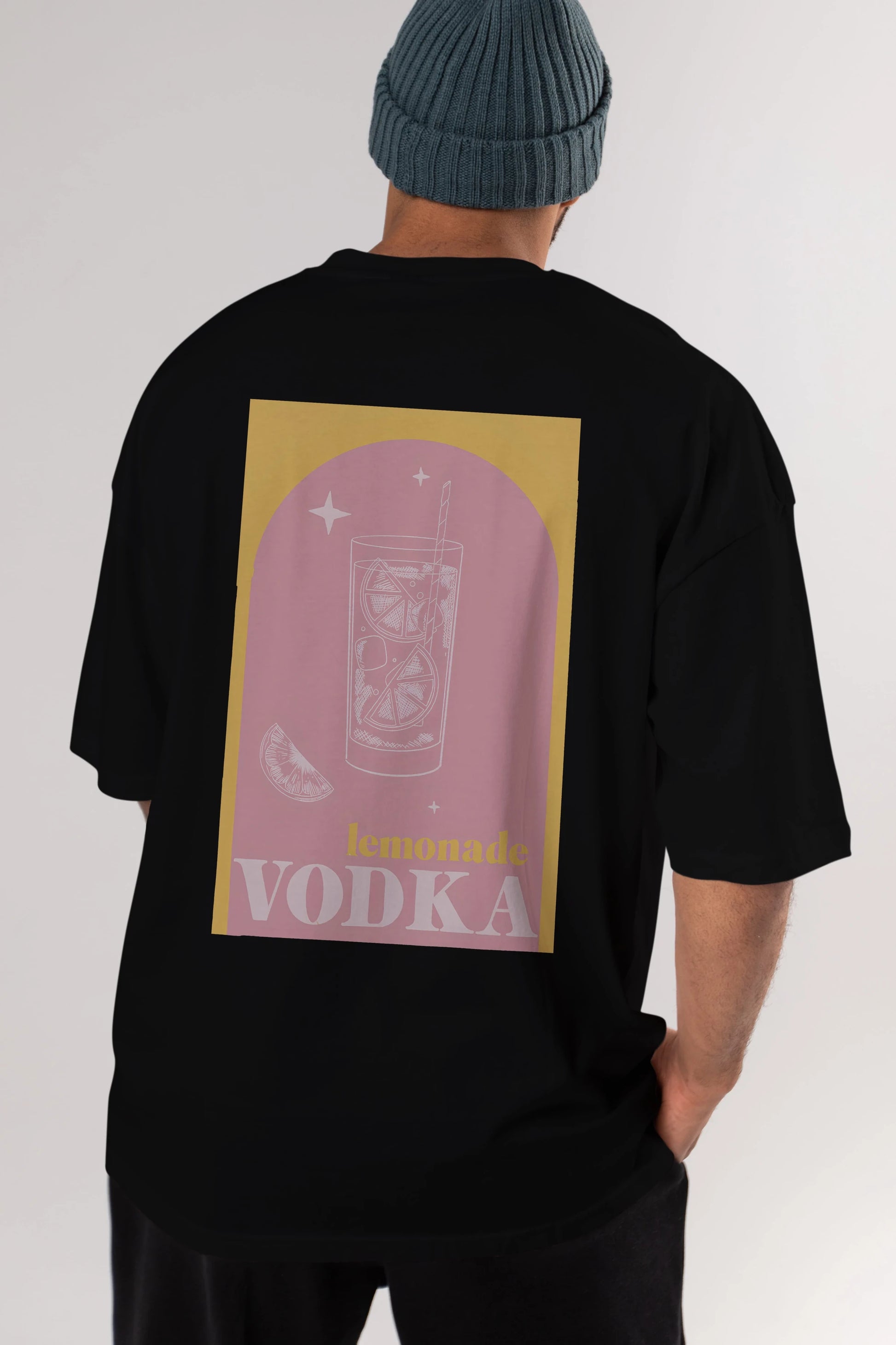 Vodka Limon Arka Baskılı Oversize t-shirt Erkek Kadın Unisex %100 Pamuk Bisiklet Yaka tişort