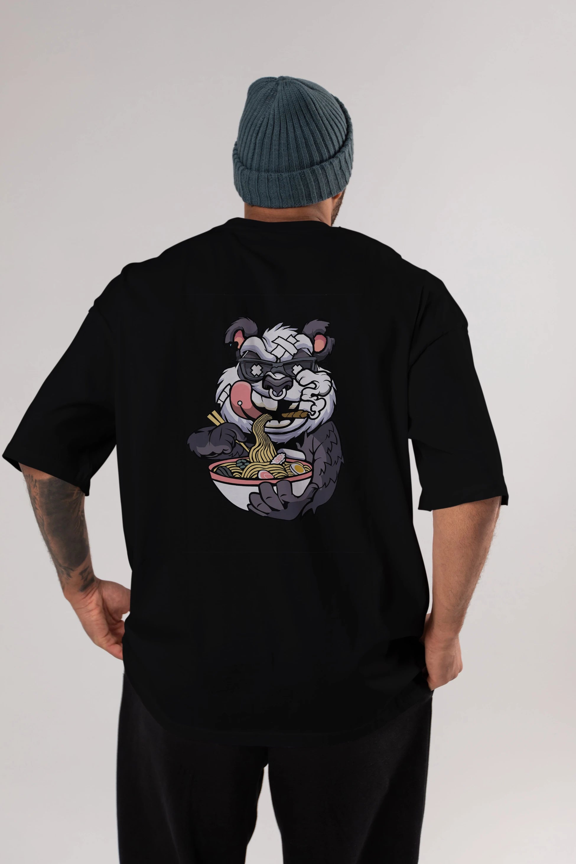 Panda Ramen Arka Baskılı Oversize t-shirt Erkek Kadın Unisex %100 Pamuk tişort