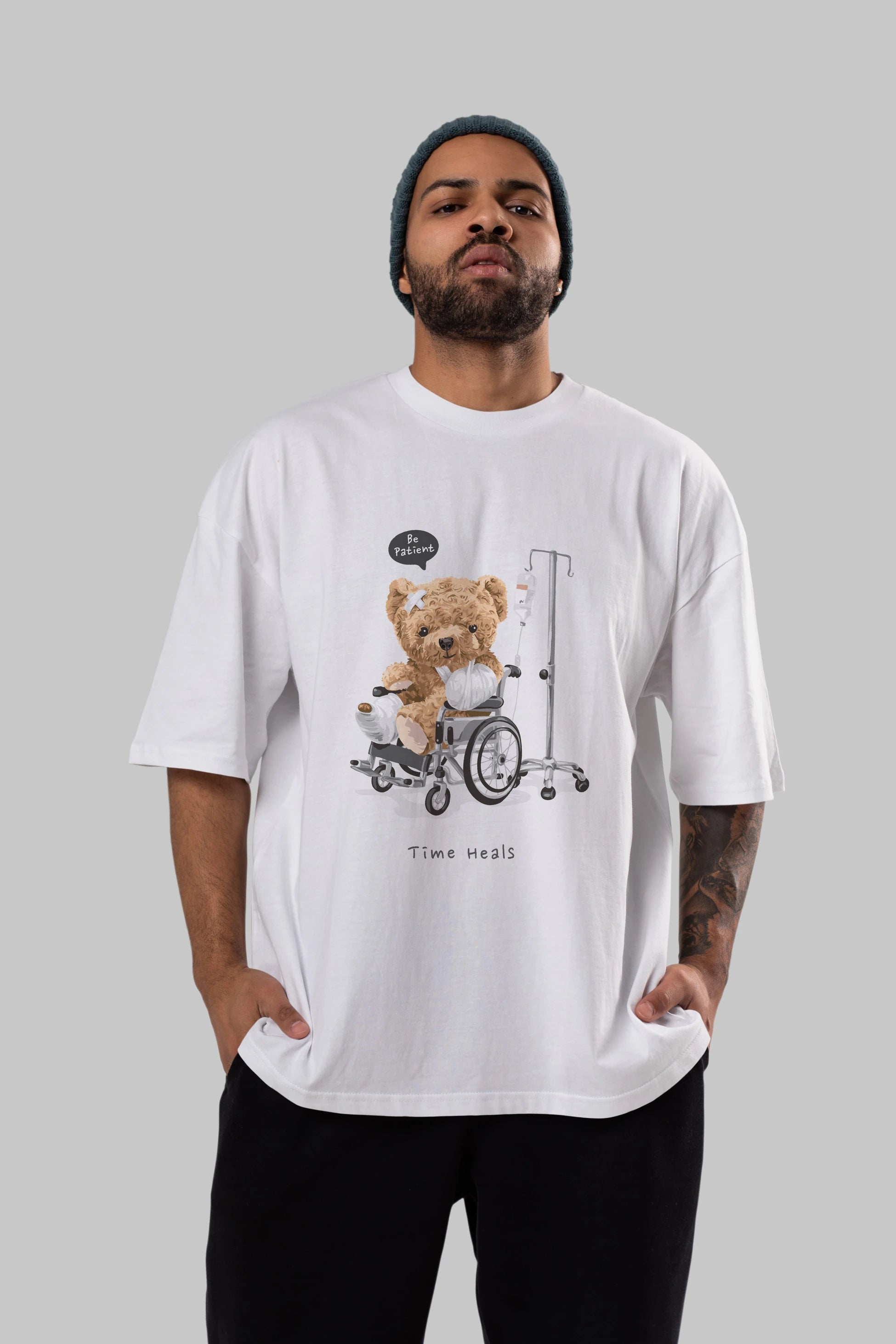 Teddy Bear Time Heals Ön Baskılı Oversize t-shirt Erkek Kadın Unisex %100 Pamuk