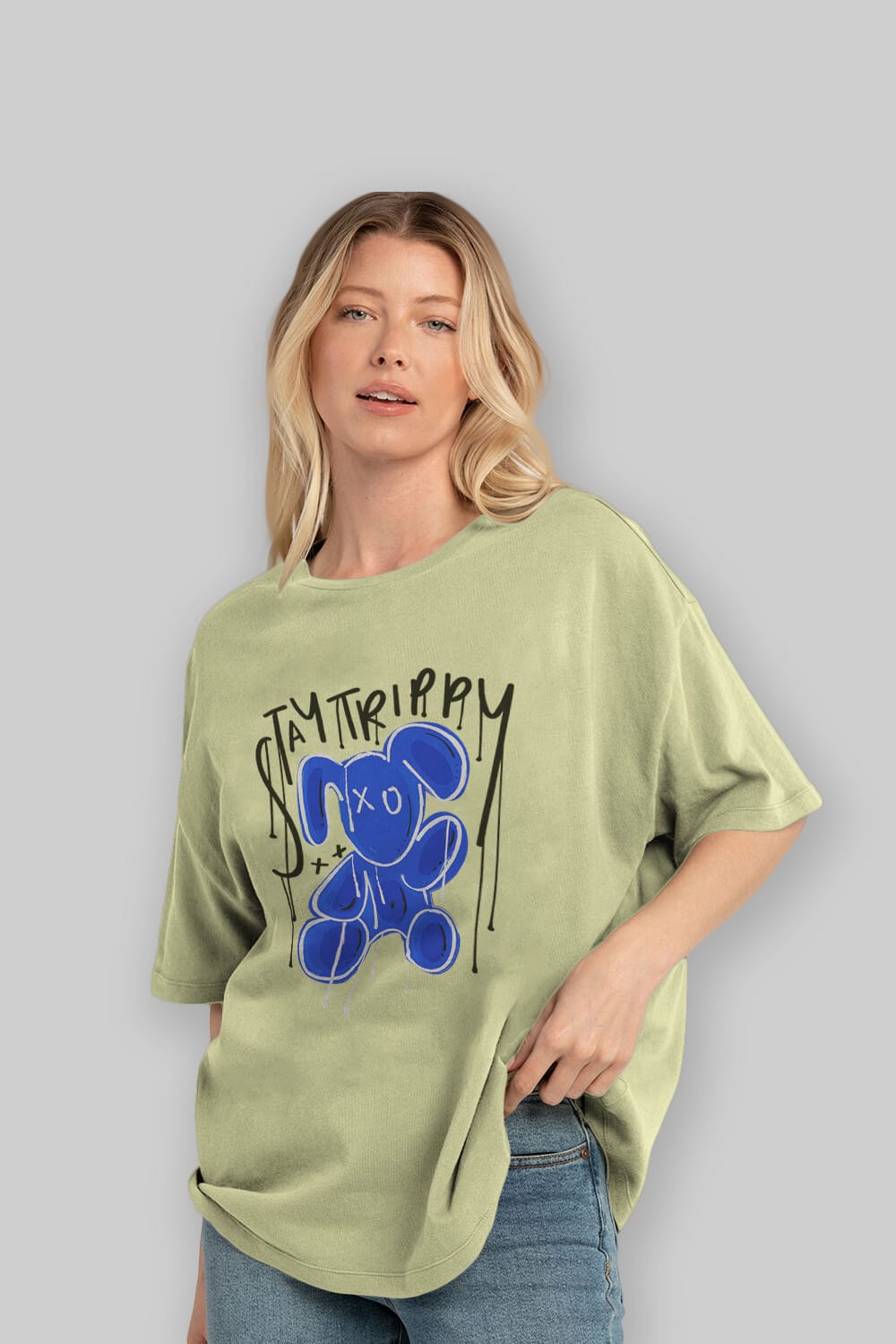 Stay Trippy Bear Ön Baskılı Oversize t-shirt Erkek Kadın Unisex