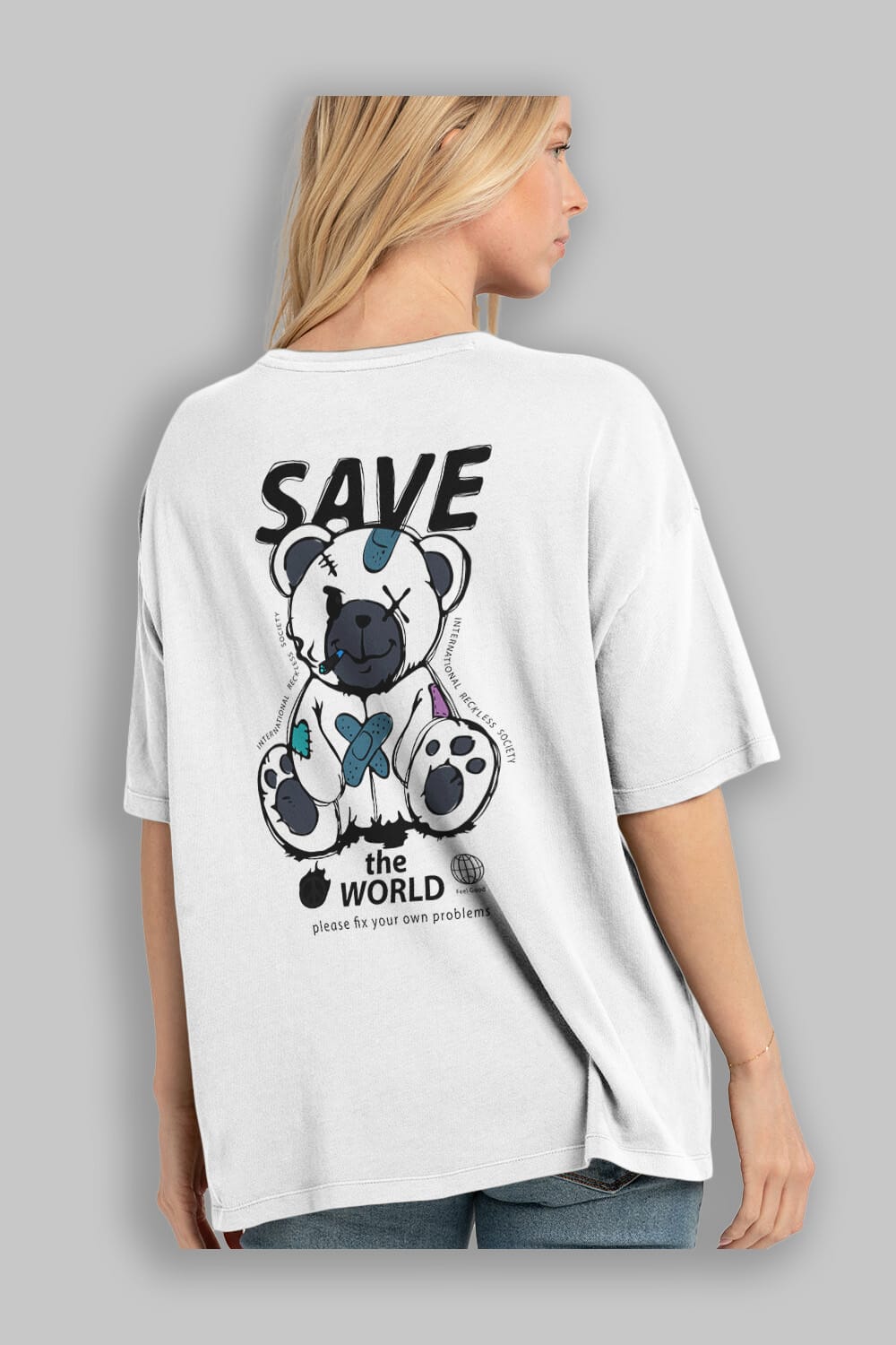 Save the World Bear Arka Baskılı Oversize t-shirt Erkek Kadın Unisex