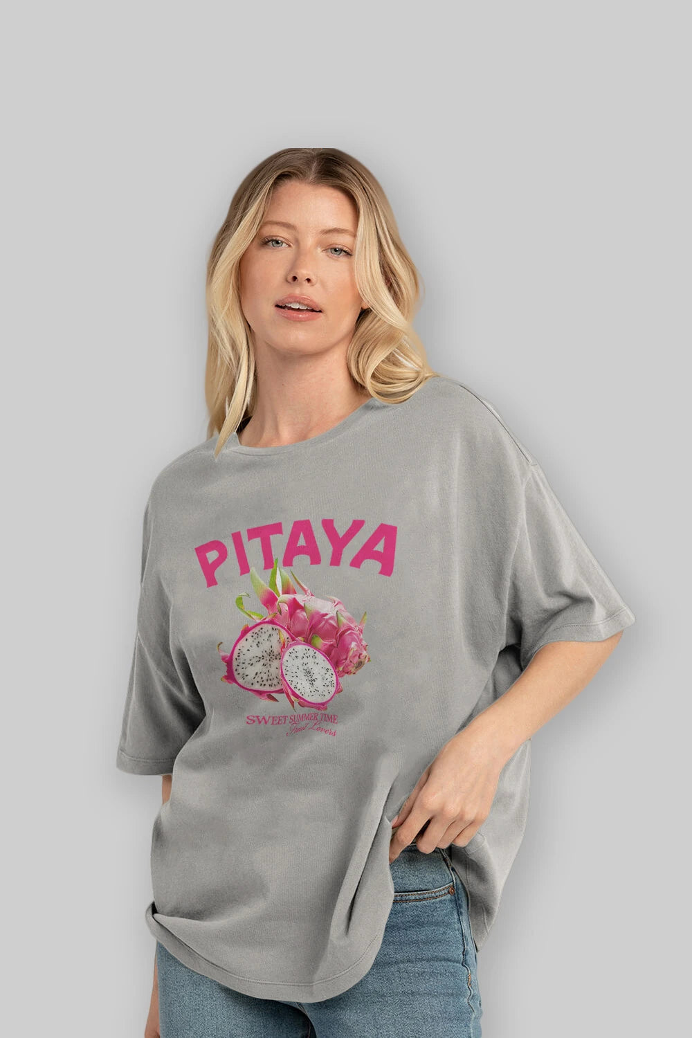 Pitaya Ön Baskılı Oversize t-shirt Erkek Kadın Pamuk Bisiklet Yaka tişort