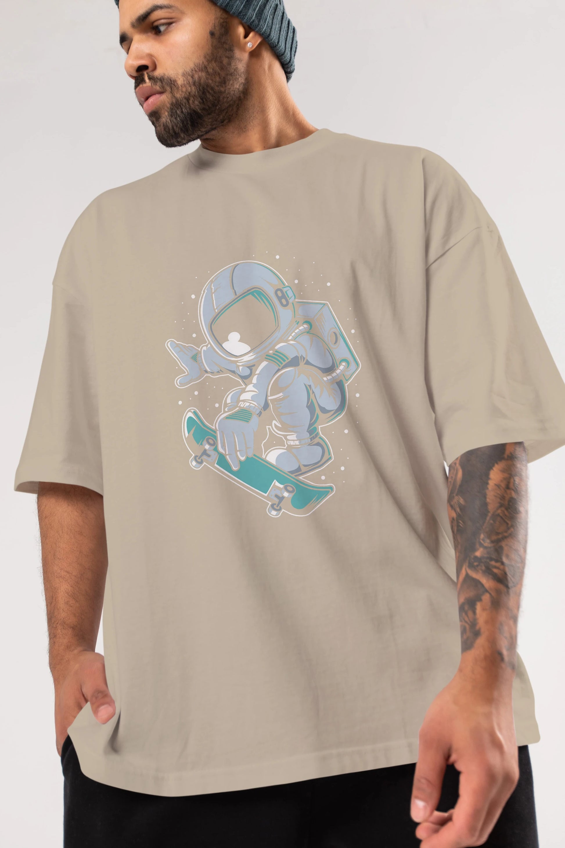 Astronaut Skateboard Jump Ön Baskılı Oversize t-shirt Erkek Kadın Unisex