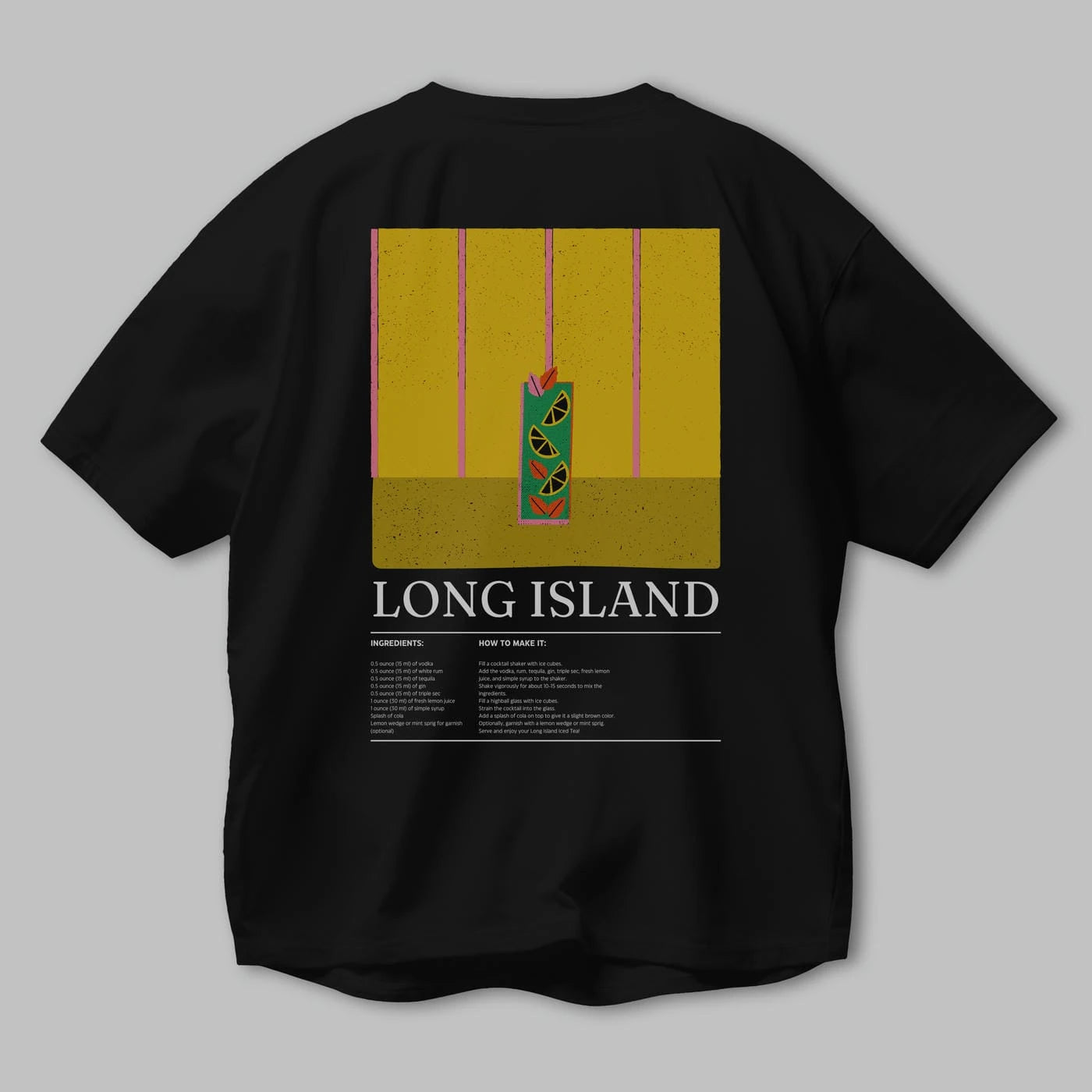 Long Island Kokteyl Serisi Arka Baskılı Oversize t-shirt Erkek Kadın %100 Pamuk Bisiklet Yaka tişort