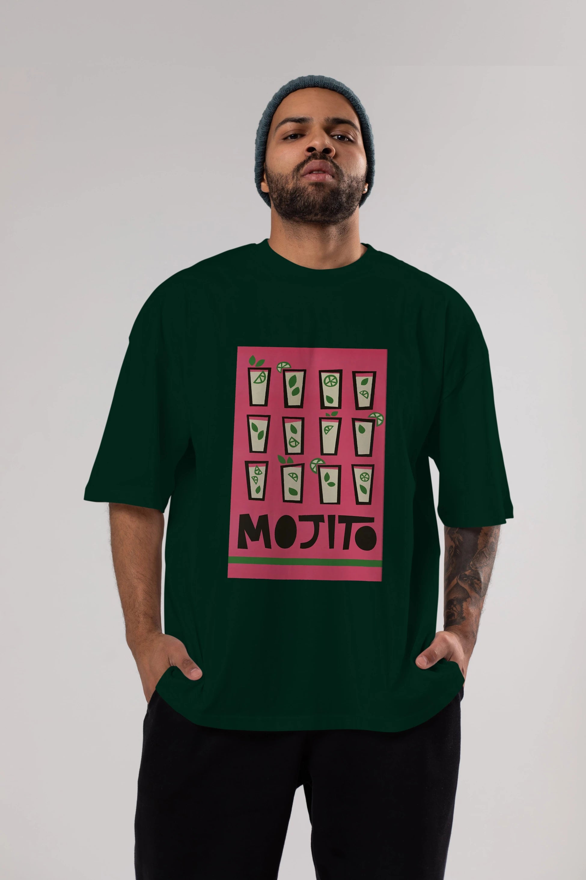Mojito Ön Baskılı Oversize t-shirt Erkek Kadın Unisex %100 Pamuk Bisiklet Yaka tişort