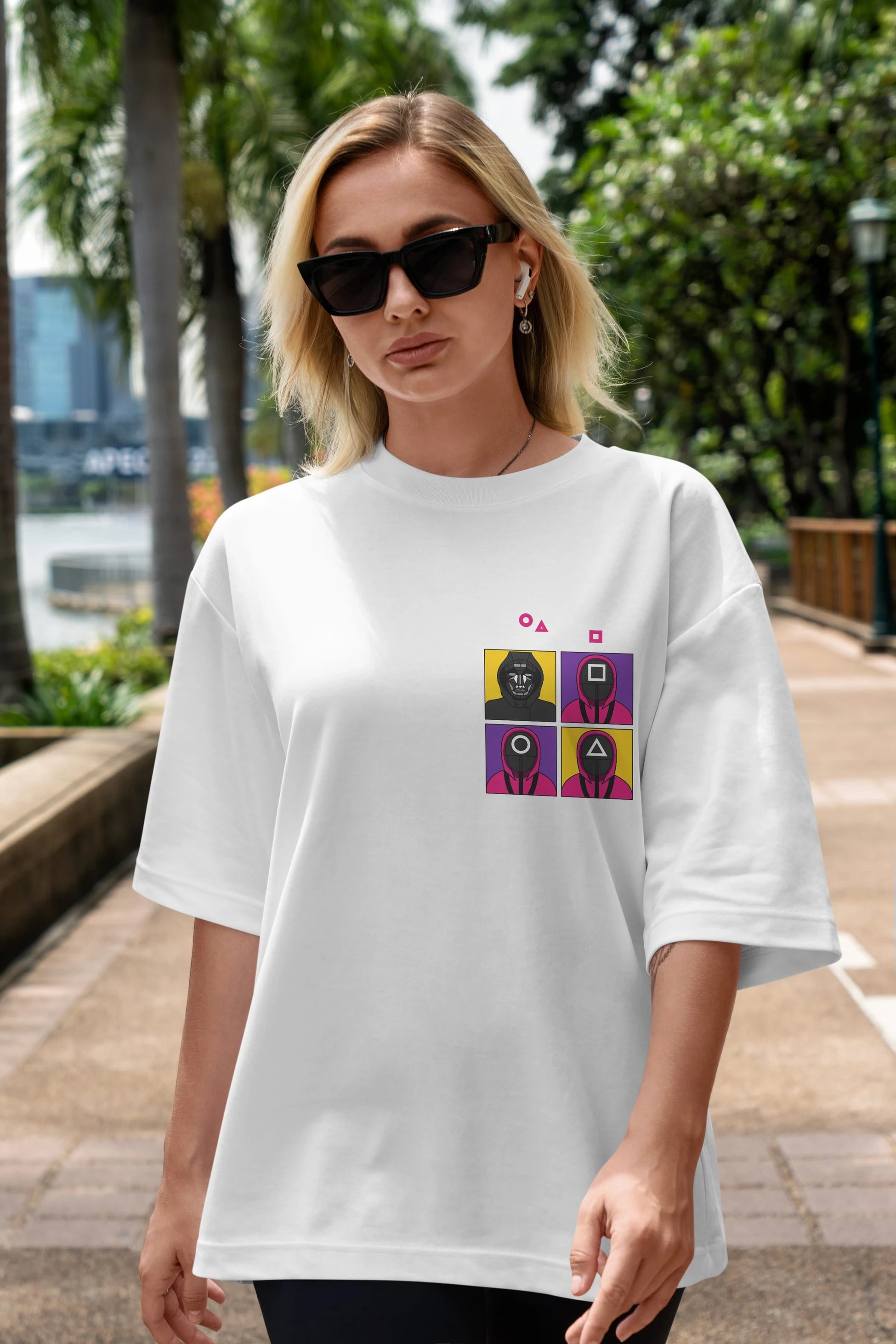 Squid Game (1) Ön Sol Baskılı Oversize t-shirt Erkek Kadın Unisex %100 Pamuk Bisiklet Yaka tişort