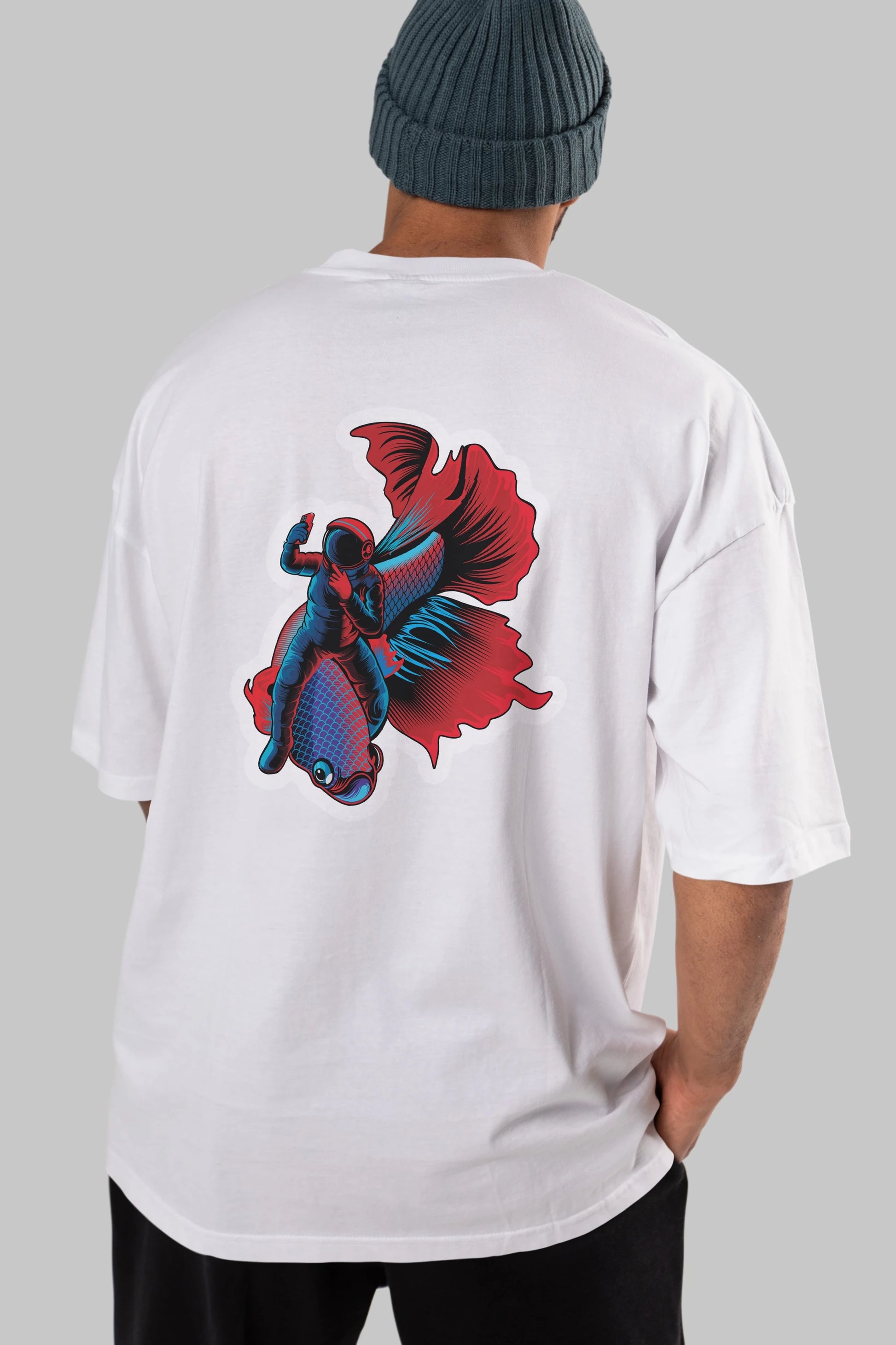 Astrofish selfie sticker Arka Baskılı Oversize t-shirt Erkek Kadın Unisex