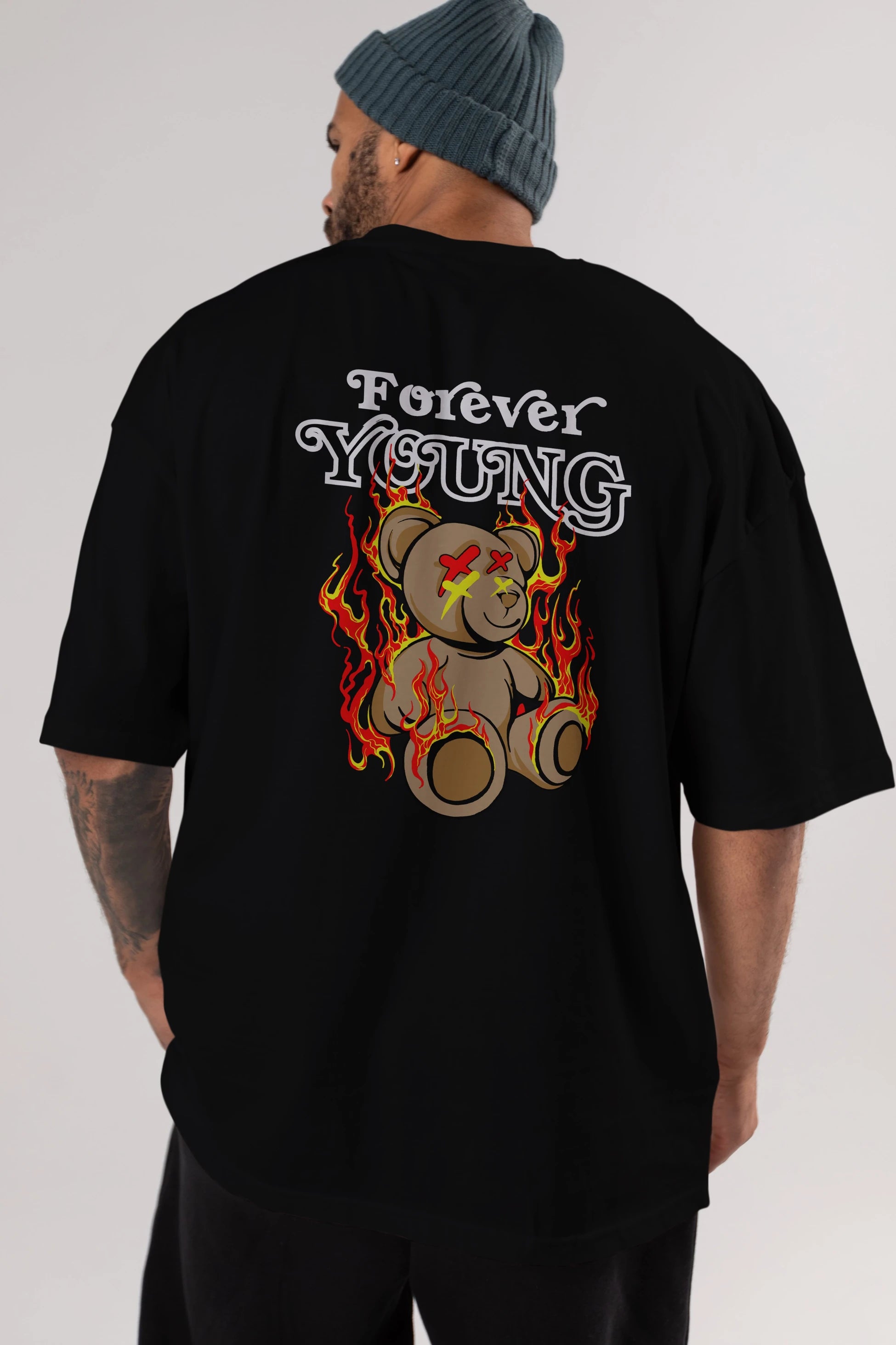 Forever Young Bear Arka Baskılı Oversize t-shirt Erkek Kadın Unisex