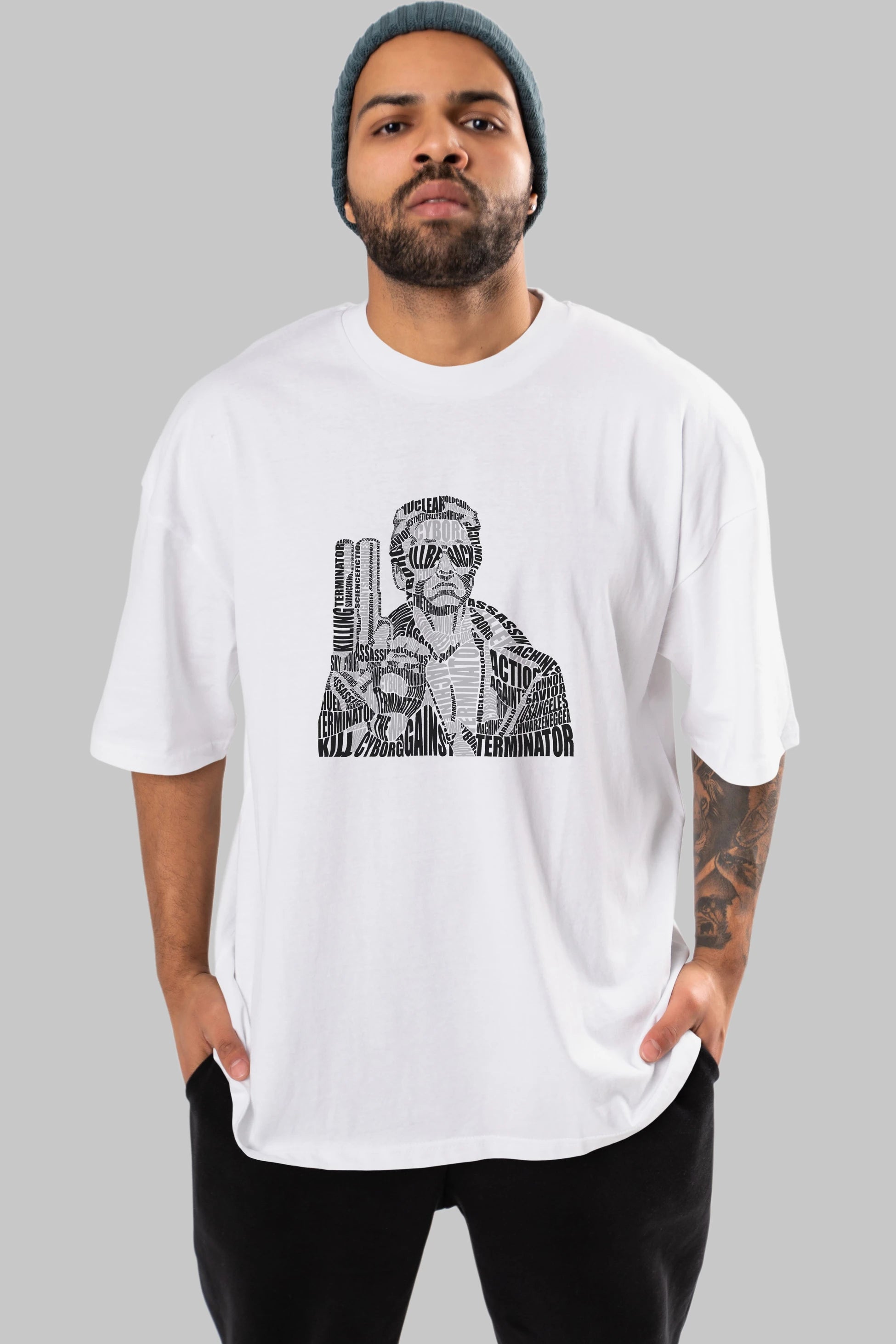 Terminator Calligram Ön Baskılı Oversize t-shirt %100 pamuk Erkek Kadın Unisex