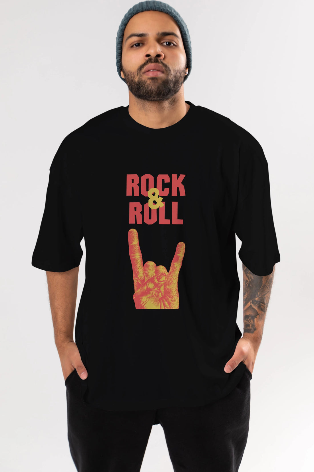 Rock & Roll Yazılı Ön Baskılı Oversize t-shirt Erkek Kadın Unisex