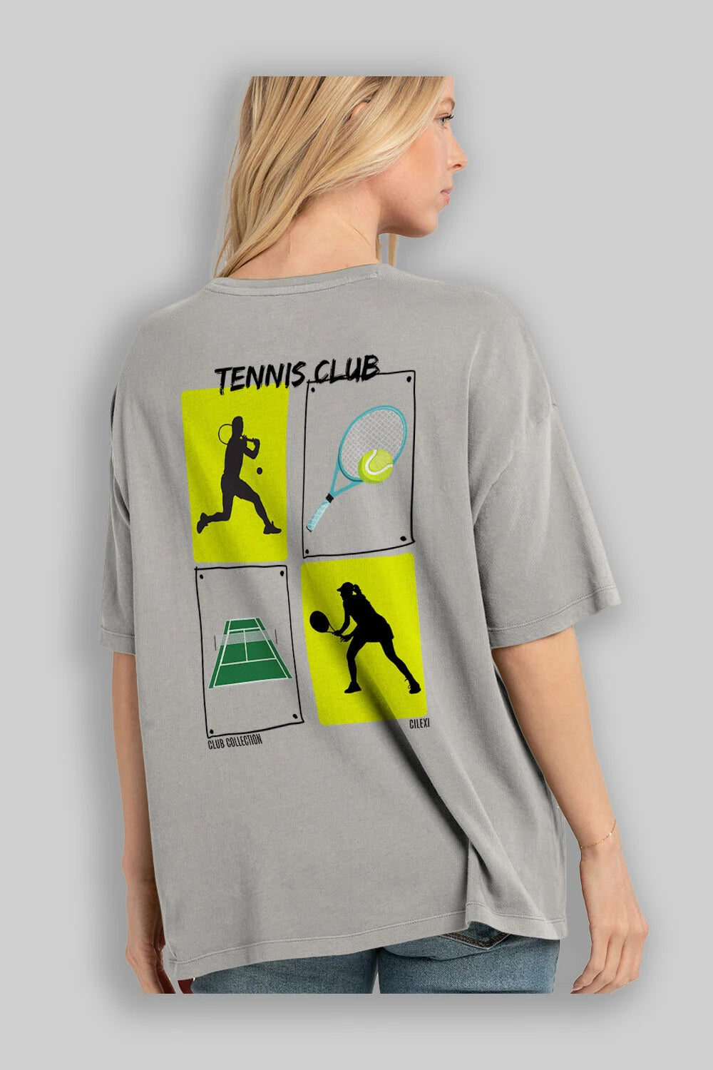 Tennis Club Arka Baskılı Oversize t-shirt Erkek Kadın %100 Pamuk Bisiklet Yaka tişort
